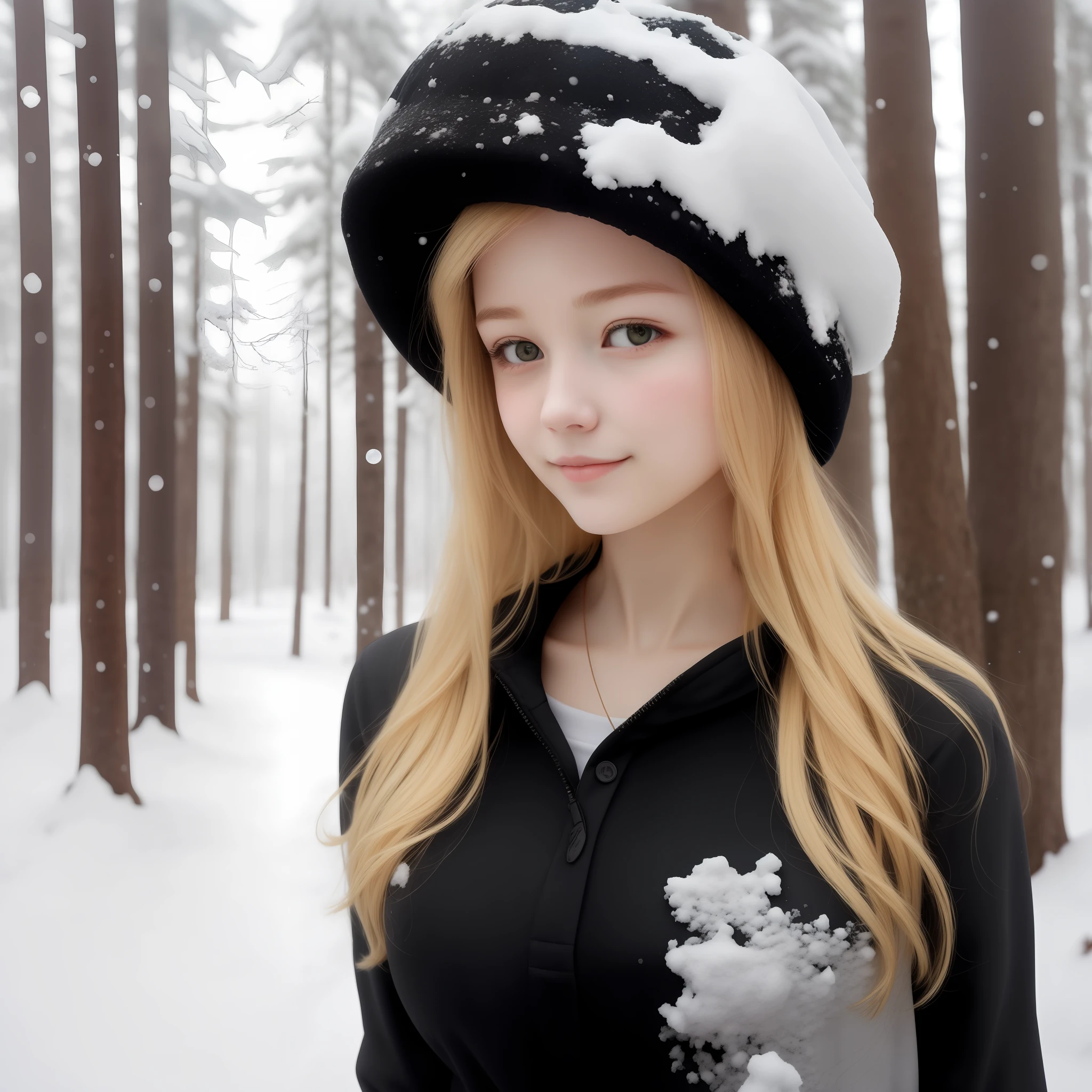 Blonde hair, black eye, hat, 18 yo, 1 girl, medium breast, cute, beautiful, forest, snow