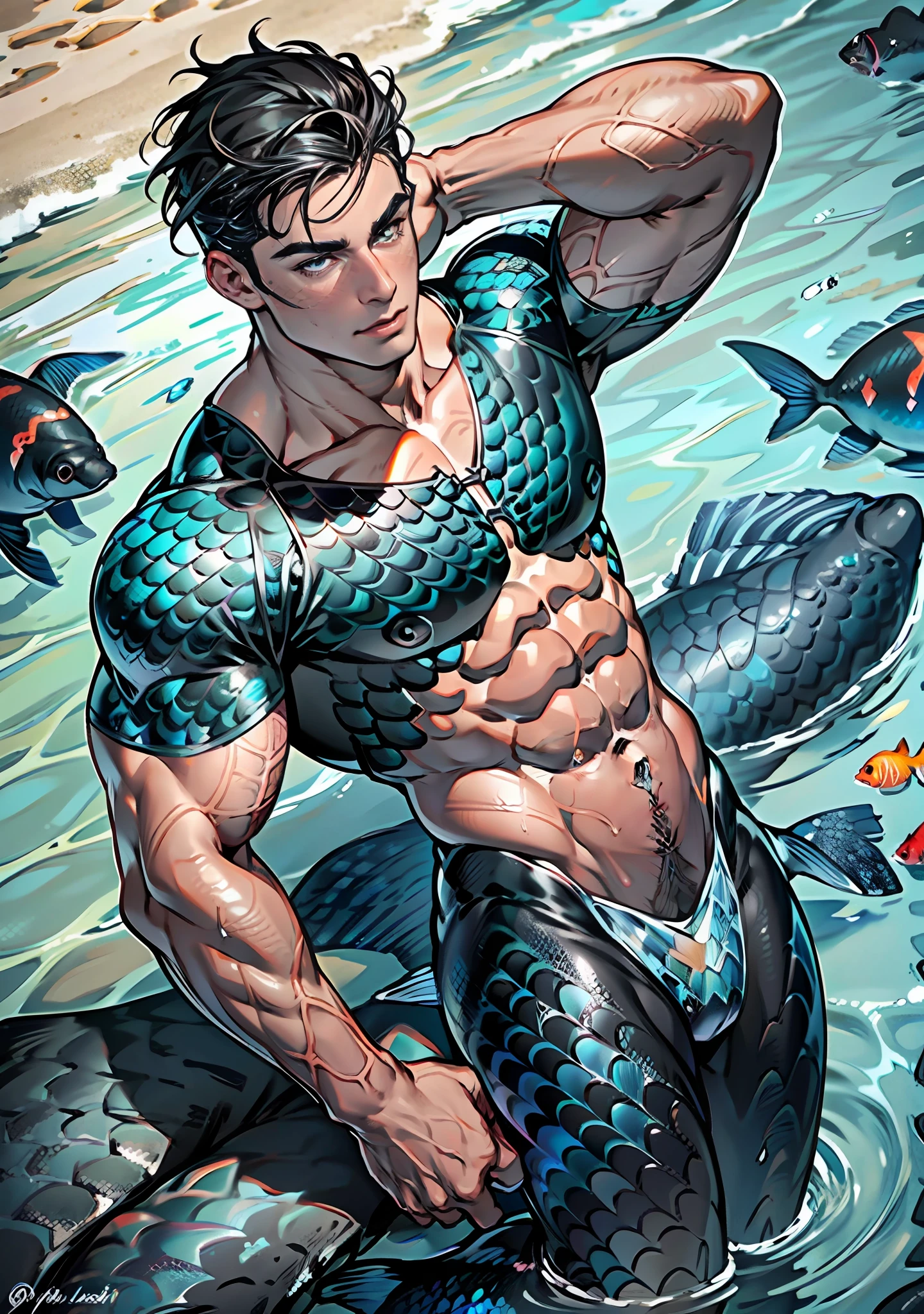handsome man, on an obsidian beach with water covering lower body. Top view , expression of ecstasy, fish scale skin, mermaid skin, (black fish scale skin:1.5), mermaid man with fish scales skin