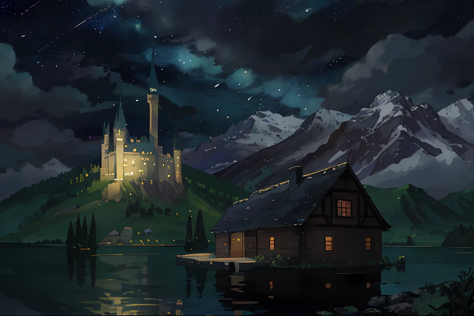 best quality, masterpiece, illustration, ultra-detailed, landscape/scenery,
 castle, in the rain, starry detailed water, beautiful detailed starry sky