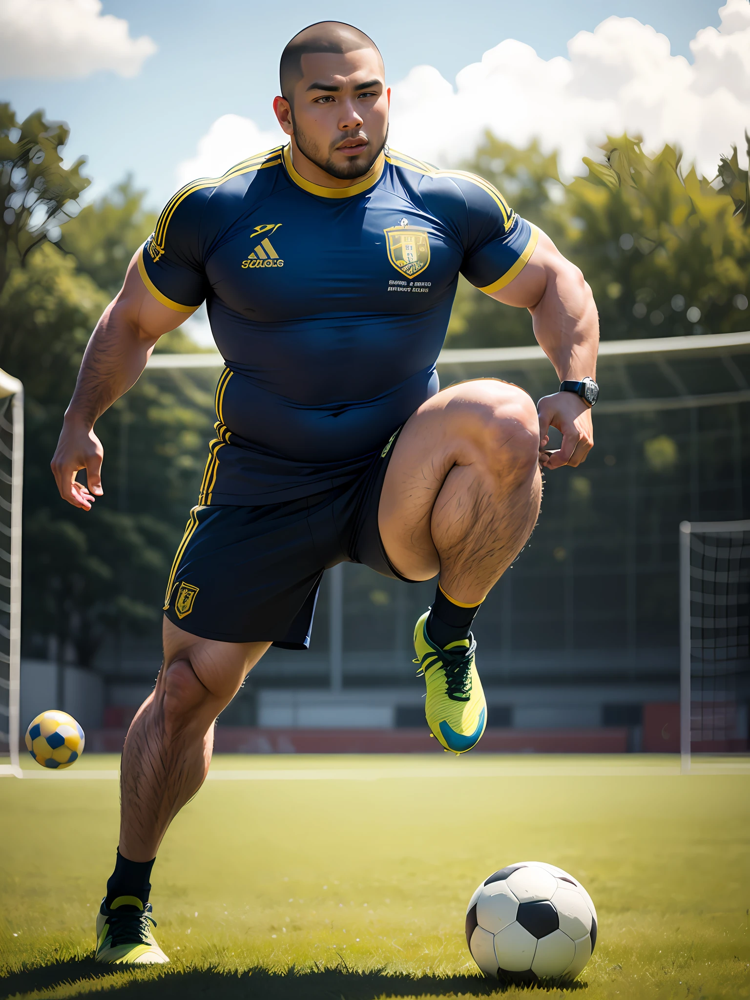 soccer court,play soccer,yellow outfit,Asian muscular chubby man,Strong,Jayrent,skinhead,Feet,soccer ball,Sports ,full bodyesbian,Sunny,grassy fields,big feet