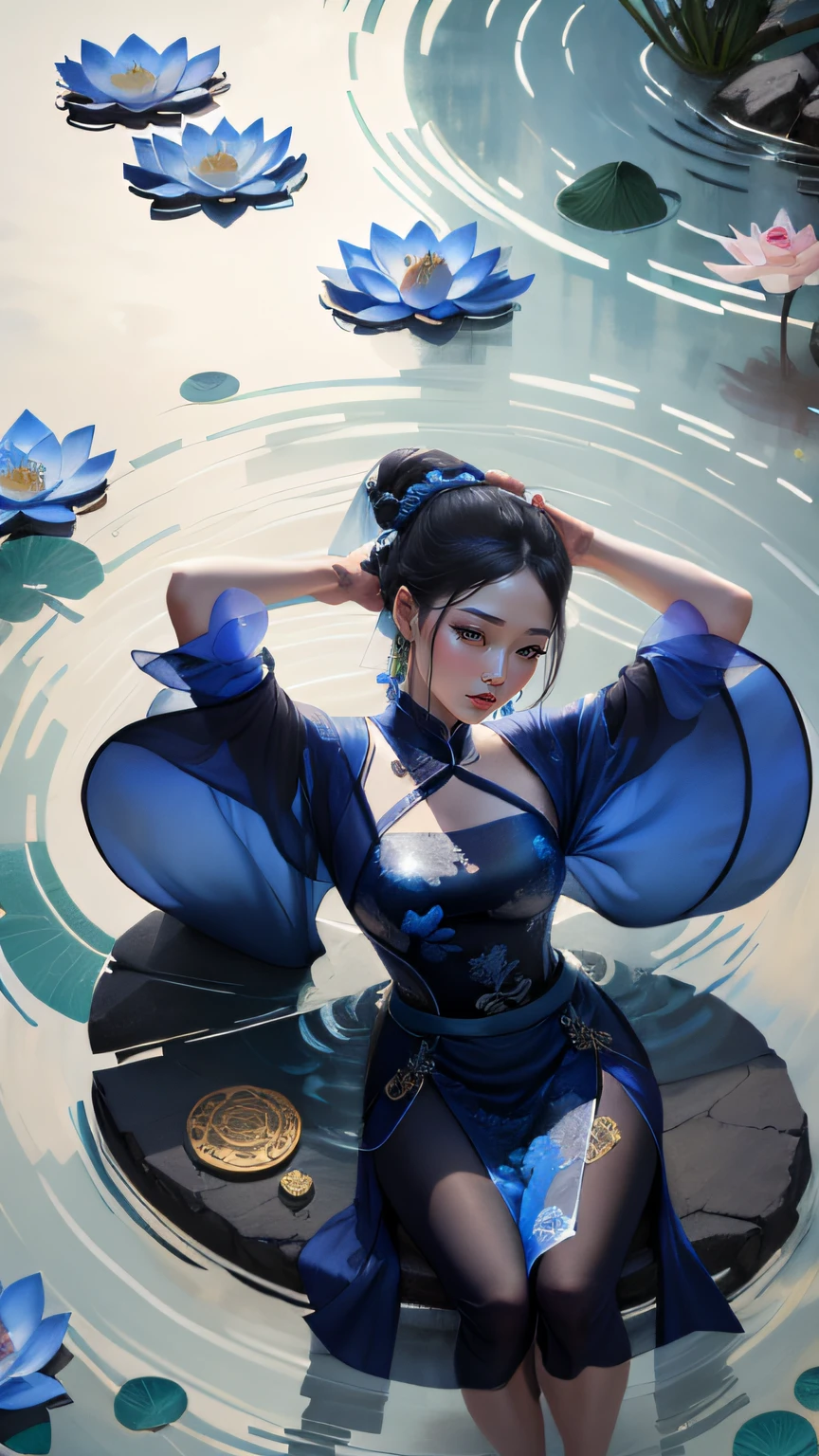 Ancient Chinese beauty sitting on stone, wearing ancient Chinese costume, flowing blue tulle, light silk, lazy pose, large lotus leaves, lotus flowers, ink painting style, clean colors, decisive cutting, white space, freehand, masterpiece, super detailed, epic composition, high quality, highest quality, 4k --v 6