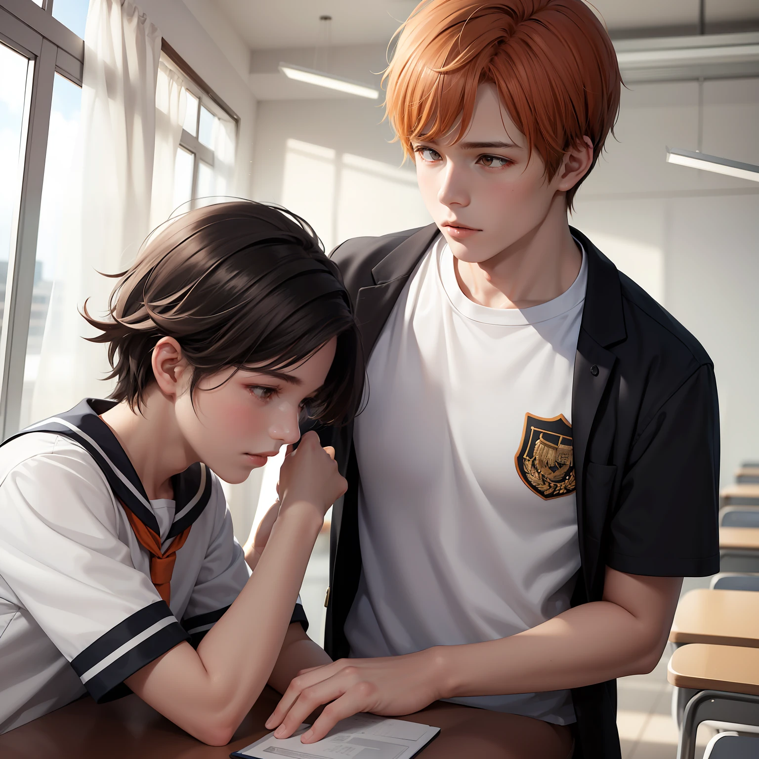 15-year-old male adolescents with brown Latin skin and orange hair, usan uniforme de secundaria color blanco, estan en la escuela hablan preocupados sobre algo importante que sucedera