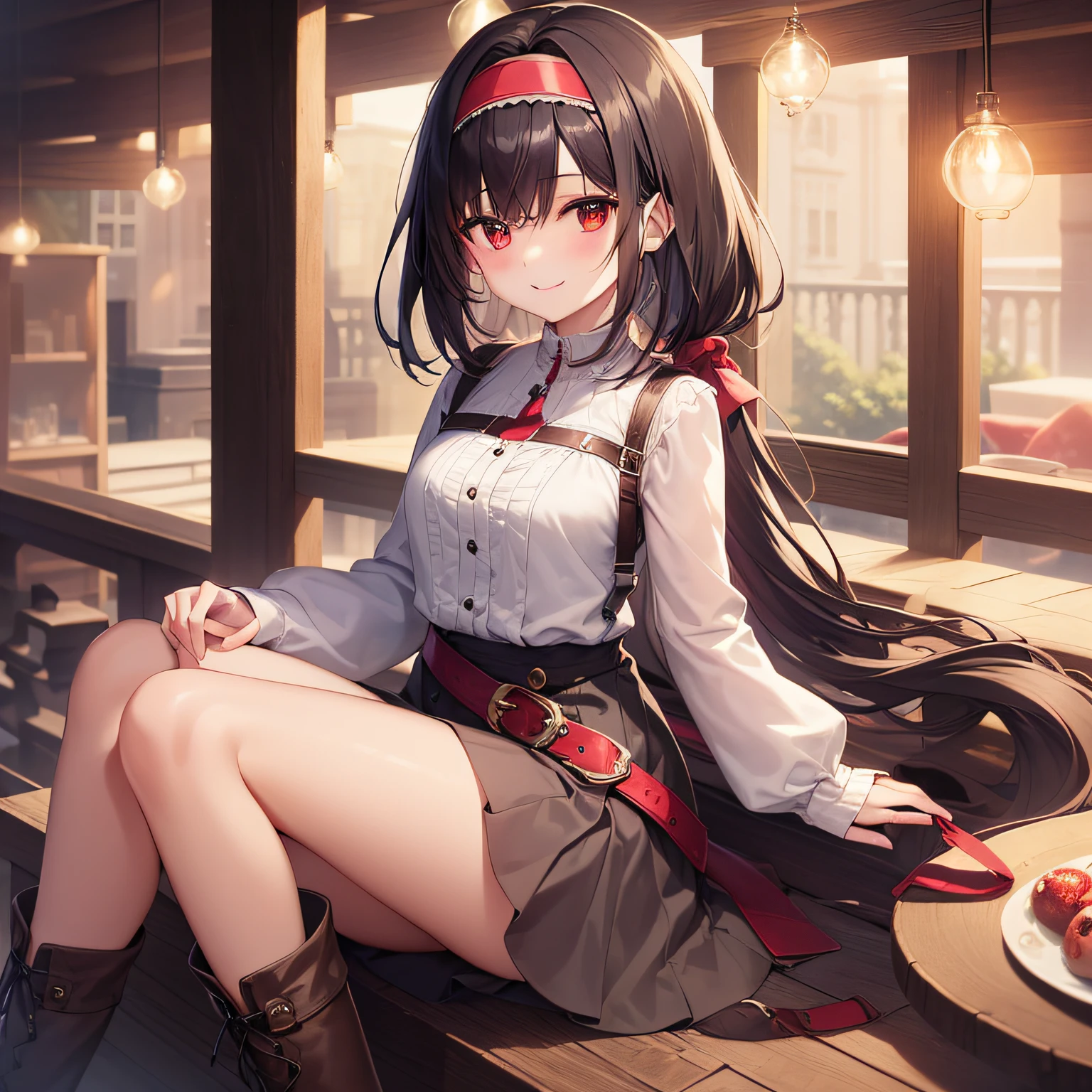 top-quality、extremely delicate and beautiful、(((Only 1 person)))、、(Dark hair)、Gray clothes with vertical buttons、Belt at waist、grey miniskirt、((poneyTail))、(red hairband)、(Brown boots)、Red-eyed、A smile、