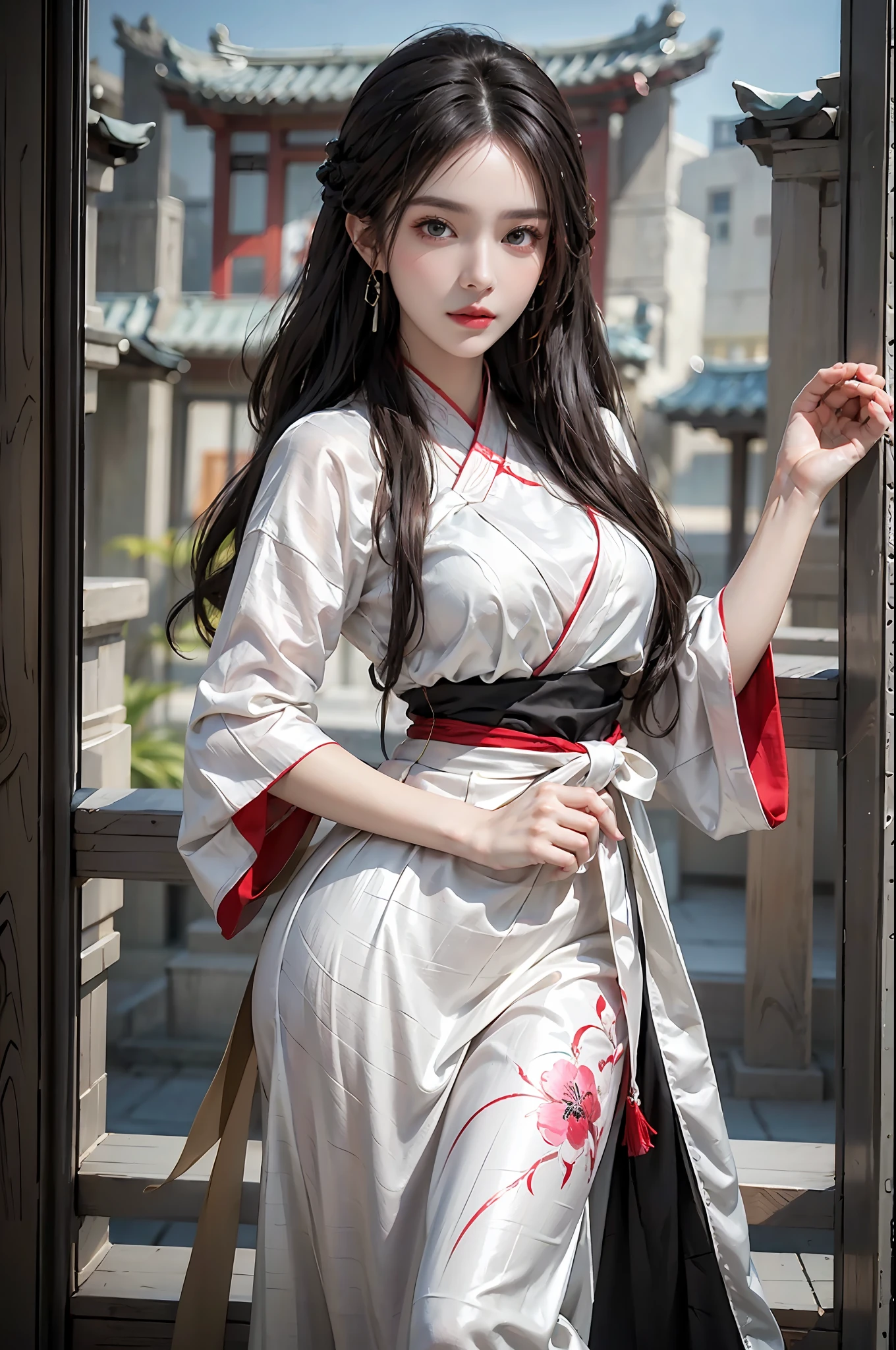 photorealistic, high resolution, 1 girl, hips up, beautiful eyes, light black hair,long hair, intricate brocade hanfu, gorgeous accessories, wearing pearl earrings, corlorful clothes, Chinese architecture