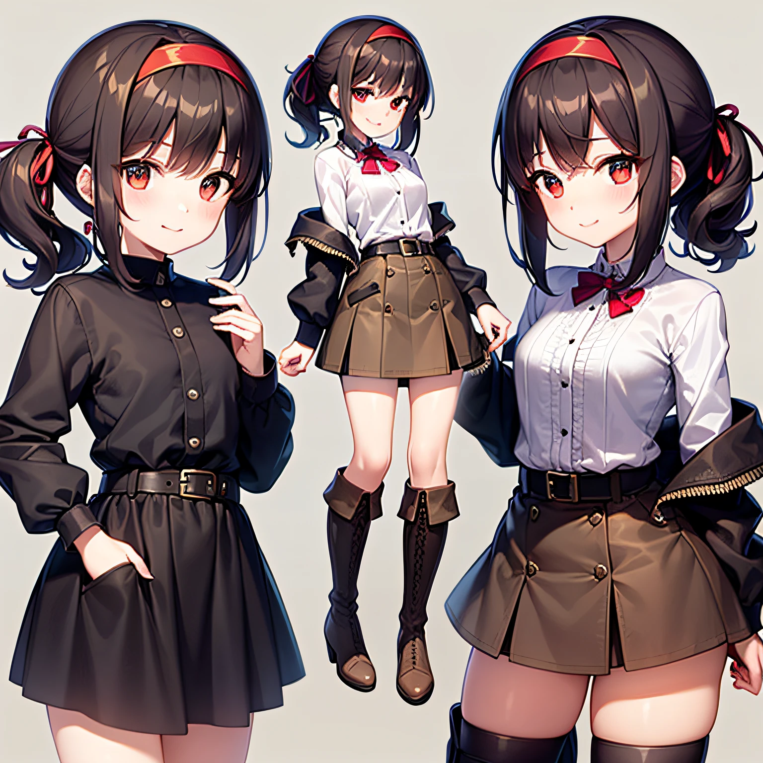 top-quality、extremely delicate and beautiful、(((Only 1 person)))、11 year old、(Dark hair)、Gray clothes with vertical buttons、Belt at waist、grey miniskirt、((poneyTail))、(red hairband)、(Brown boots)、Red-eyed、A smile、