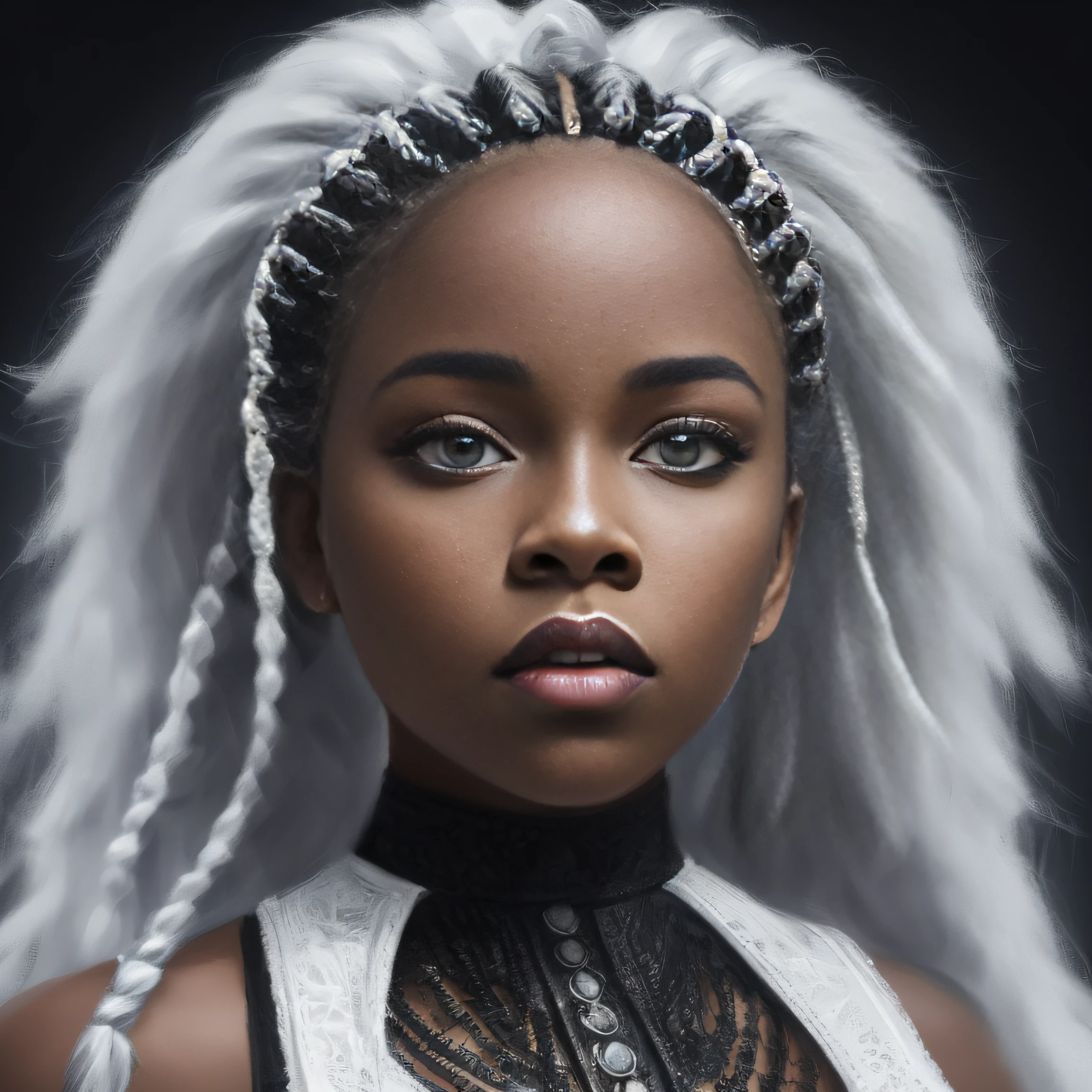 a close up of a young girl with white hair and braids, black african princess, stunning portrait, 8k artistic portrait photography, gorgeous portrait, white black fade braided hair, african american girl, award winning portrait, girl silver hair, light skinned african young girl, digital art. photo realistic, high quality portrait, stunning artwork, portrait of ororo munroe, beautiful artwork