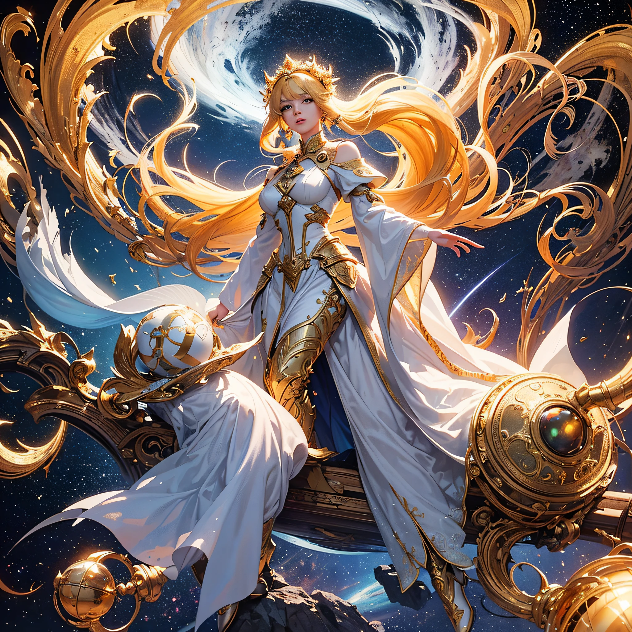 lifelike, (master-piece, top-quality, beste-Qualit, official art, beautiful and beautiful: 1.2), Very detail, Fractal Art, colour, colorfully, Most Detailed, Leo, (abstract background: 1.5) (1girls: 1.3), (fox girl), Yellow hair, Vibrant Eyes, earnestly, Comb back....., long-haired, Long tail, the Milky Way, black, white, Magic, Large spherical star shape, dream, imagination, Gold Cutting, beautiful detail sky, Style and décor for Leo, Goddess Leo, (NSTDA.:0.8) Delicate refective and high glass fence board
