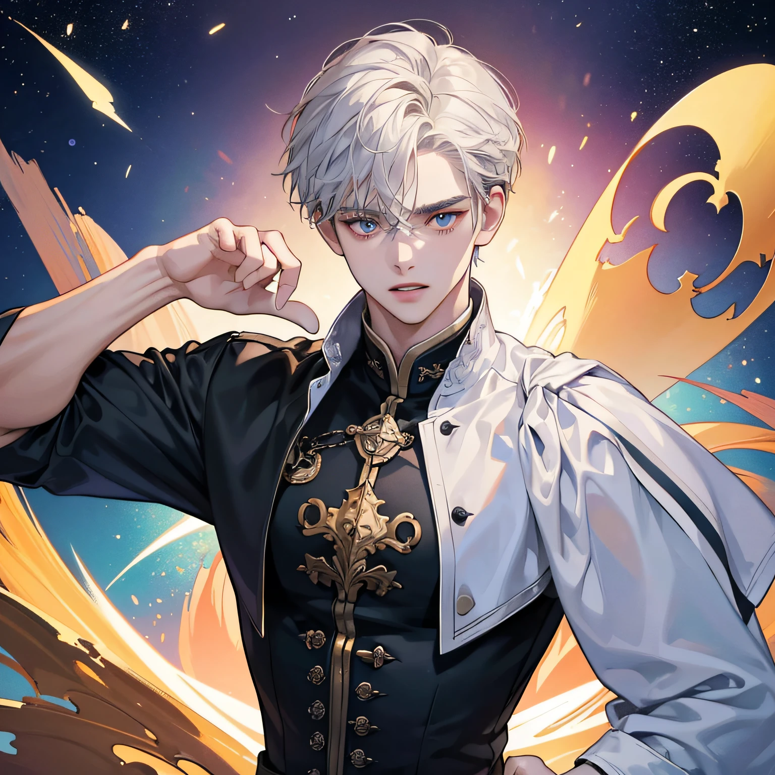 (in 8K、top-quality、​masterpiece:1.2)、1 boy、Thin macho、beautidful eyes、double tooth、The upper part of the body --auto