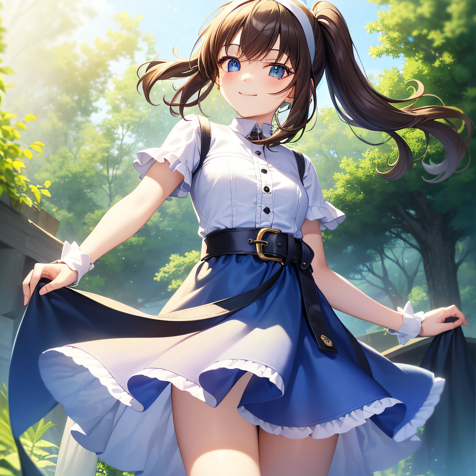 top-quality、extremely delicate and beautiful、Teen Girls、small tits、((((Solo Girl))))、11years old girl、(dark brown hair)、Blue clothes with vertical buttons、Belt at waist、White skirt、(((poneyTail)))、(white hairband)、(Brown boots)、blue eyess、is standing、A smile、