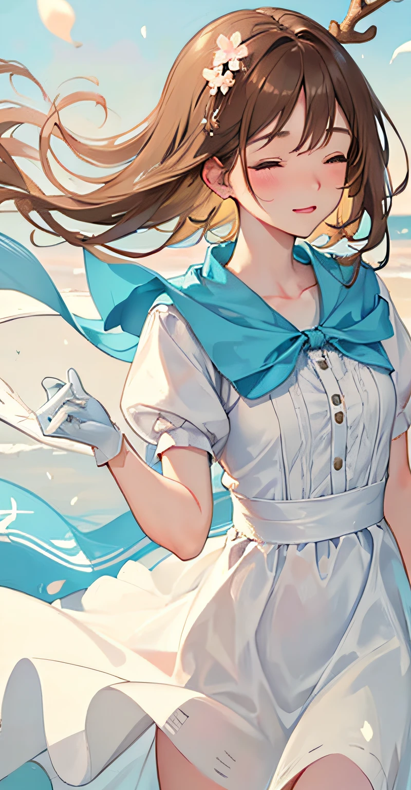 Masterpiece, Best quality,, (Bambicano，Light blue gloves), Solo, face to the viewer, view the viewer,delicate leg, deer ear, deer antlers, hair between eye, Short yellow-brown hair, Tawny eyes, face round, Blush, A little sad,, patterned scarf, White dress, Khaki bow on chest, Medium breasts,, Sakura blossoms, wind flow, Floating petals, hanami, Outdoors, Portrait of a beautiful blonde woman, Fine Art - Art Photography, Soft portrait shot 8 K, Medium length, ultrarealistic uhd faces, unsplash, Kodak Ultra Max 800, 85 mm, Intricate, Casual pose, Centered symmetrical composition, stunning photo, Masterpiece, Grainy, centered composition : 2 | blender, croped, low res, poorlydrawnface, out of frame, Poorly drawn hands, Blurry, bad art, Blurred, text, watermarked, disfigured, Deformed, Closed eyes