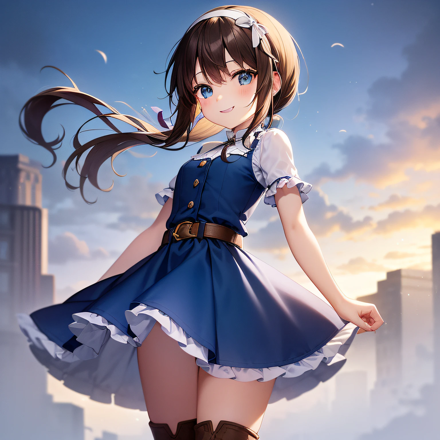 top-quality、extremely delicate and beautiful、 Girls、small tits、((((Solo Girl))))、11years old girl、(dark brown hair)、Blue clothes with vertical buttons、Belt at waist、White skirt、(((poneyTail)))、(white hairband)、(Brown boots)、blue eyess、is standing、A smile、