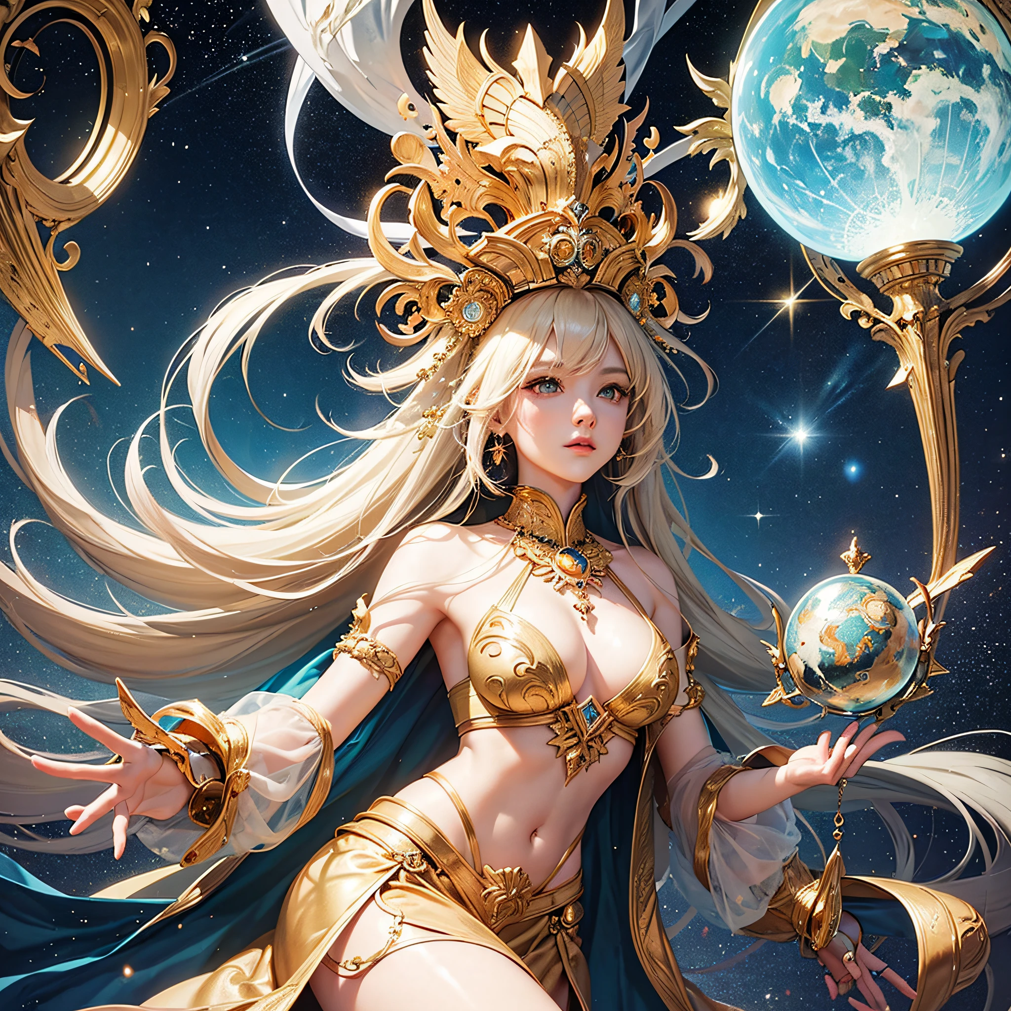 lifelike, (master-piece, top-quality, beste-Qualit, official art, beautiful and beautiful: 1.2), Very detail, Fractal Art, colour, colorfully, Most Detailed, Leo, (abstract background: 1.5) (1girls: 1.3), (fox girl), Yellow hair, Vibrant Eyes, earnestly, Comb back....., long-haired, Long tail, the Milky Way, black, white, Magic, Large spherical star shape, dream, imagination, Gold Cutting, beautiful detail sky, Style and décor for Leo, Goddess Leo, (NSTDA.:0.8) Delicate refective and high glass fence board