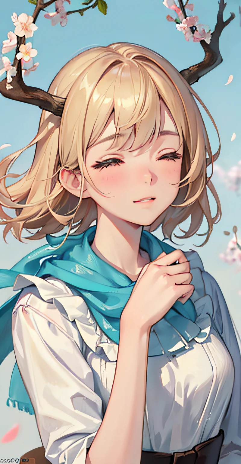 Masterpiece, Best quality,, (Bambicano，Light blue gloves), Solo, face to the viewer, view the viewer,delicate leg, deer ear, deer antlers, hair between eye, Short yellow-brown hair, Tawny eyes, face round, Blush, A little sad,, patterned scarf, White dress, Khaki bow on chest, Medium breasts,, Sakura blossoms, wind flow, Floating petals, hanami, Outdoors, Portrait of a beautiful blonde woman, Fine Art - Art Photography, Soft portrait shot 8 K, Medium length, ultrarealistic uhd faces, unsplash, Kodak Ultra Max 800, 85 mm, Intricate, Casual pose, Centered symmetrical composition, stunning photo, Masterpiece, Grainy, centered composition : 2 | blender, croped, low res, poorlydrawnface, out of frame, Poorly drawn hands, Blurry, bad art, Blurred, text, watermarked, disfigured, Deformed, Closed eyes