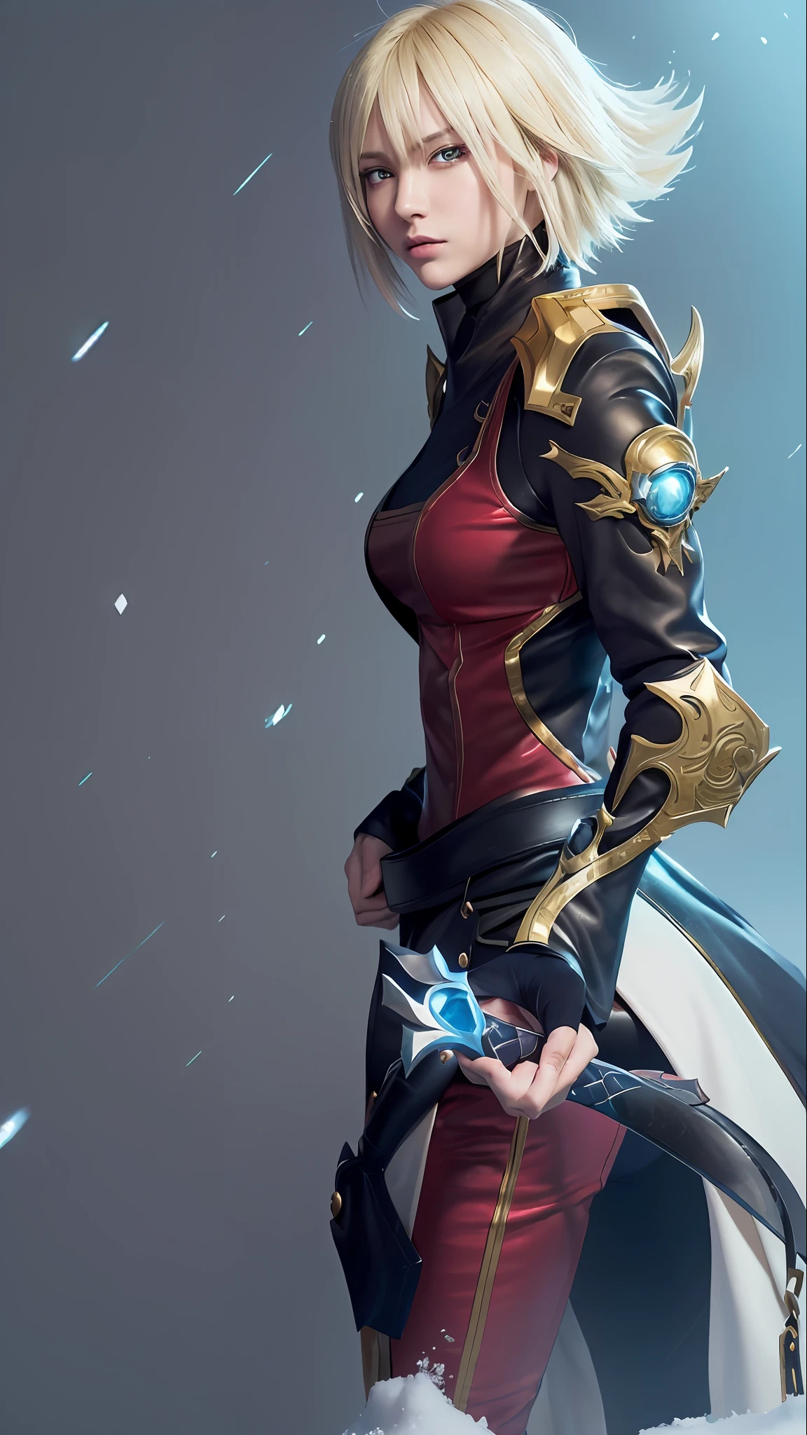 a close up of a person holding a sword in the snow, ezreal (league of legends, highly detailed exquisite fanart, 4 k manga wallpaper, style of duelyst, guilty gear strive splash art, this character has cryokinesis, chrono trigger guilty gear style, trigger anime artstyle, amazing wallpaper, key art, epic style