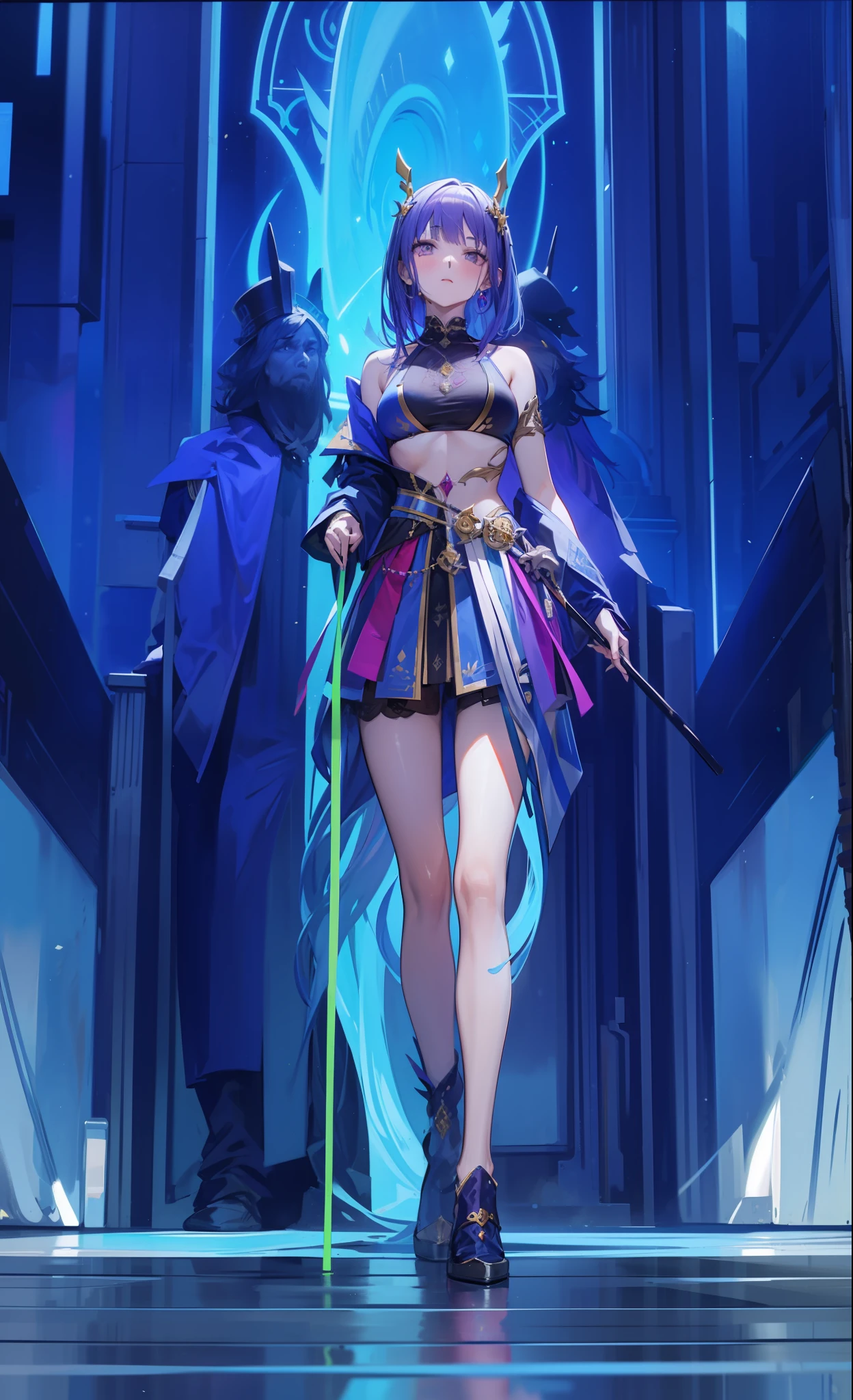 a girl with a slim figure with purple hair holding a stick about 1m long made of green jade wearing a sexy bikini inspired by the god seal of the throne