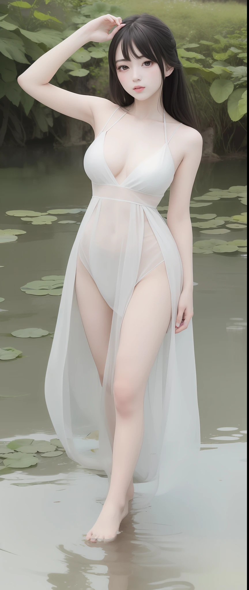 ((4k,masterpiece,best quality)), shuimobysim, Traditional chinese painting, lotuses, Hanfu, maxiskit, Dress transparent white clothes 1girl, solo, blue long hair, ssmile, standing on your feet, Feet in the water, The barefoot,Sexy breasts,