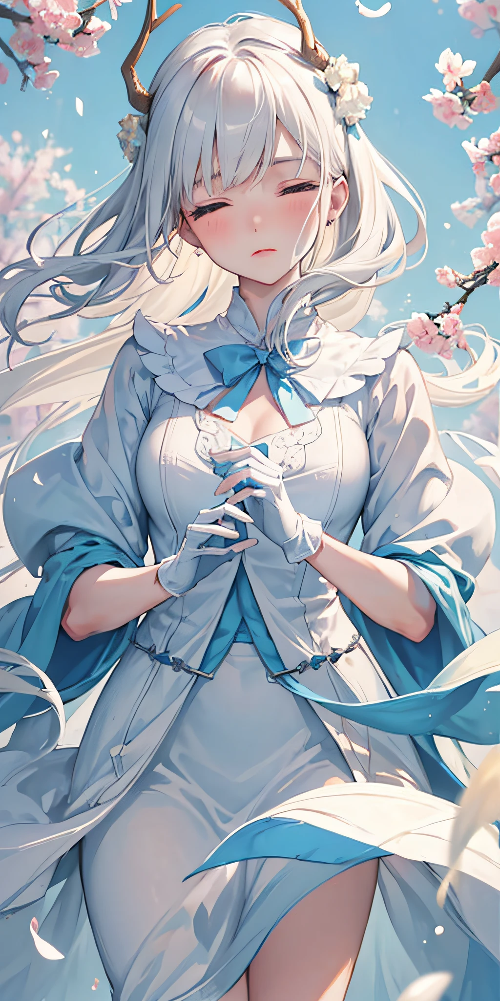 Masterpiece, Best quality,, (Bambicano，Light blue gloves), Solo, face to the viewer, view the viewer,delicate leg, deer ear, deer antlers, hair between eye, with short white hair, Tawny eyes, face round, Blush, A little sad,, patterned scarf, White dress, Light blue bow on chest, Medium breasts,, Sakura blossoms, wind flow, Floating petals, hanami, Outdoors, Portrait of a beautiful white-haired woman, Fine Art - Art Photography, Soft portrait shot 8 K, Medium length, ultrarealistic uhd faces, unsplash, Kodak Ultra Max 800, 85 mm, Intricate, Casual pose, Centered symmetrical composition, stunning photo, Masterpiece, Grainy, centered composition : 2 | blender, croped, low res, poorlydrawnface, out of frame, Poorly drawn hands, Blurry, bad art, Blurred, text, watermarked, disfigured, Deformed, Half-closed eyes