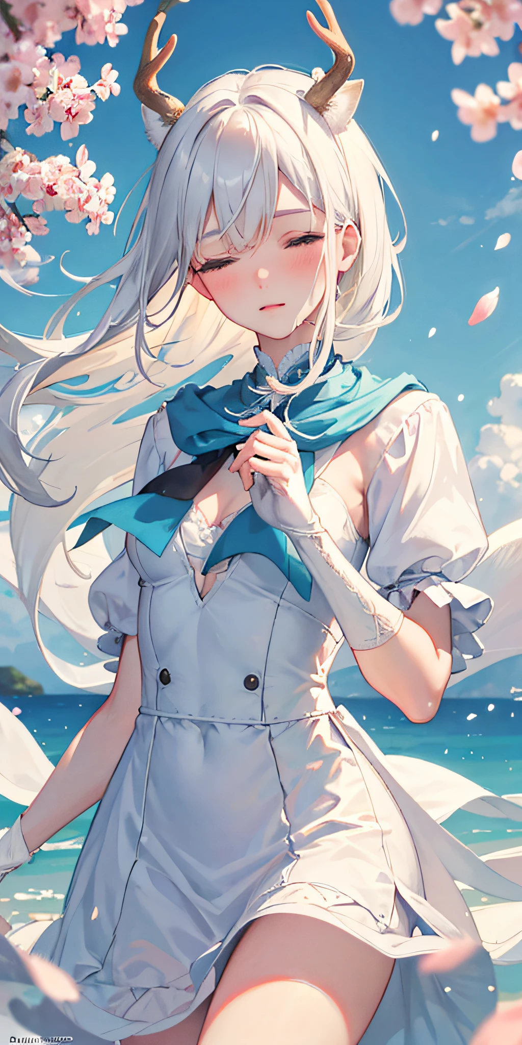 Masterpiece, Best quality,, (Bambicano，Light blue gloves), Solo, face to the viewer, view the viewer,delicate leg, deer ear, deer antlers, hair between eye, with short white hair, Tawny eyes, face round, Blush, A little sad,, patterned scarf, White dress, Light blue bow on chest, Medium breasts,, Sakura blossoms, wind flow, Floating petals, hanami, Outdoors, Portrait of a beautiful white-haired woman, Fine Art - Art Photography, Soft portrait shot 8 K, Medium length, ultrarealistic uhd faces, unsplash, Kodak Ultra Max 800, 85 mm, Intricate, Casual pose, Centered symmetrical composition, stunning photo, Masterpiece, Grainy, centered composition : 2 | blender, croped, low res, poorlydrawnface, out of frame, Poorly drawn hands, Blurry, bad art, Blurred, text, watermarked, disfigured, Deformed, Half-closed eyes