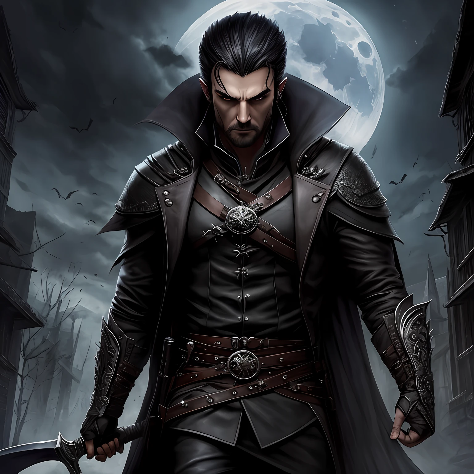 Artistic caricature depiction of a brave and determined vampire hunter. It would show a man with a piercing gaze., vestido con ropa oscura y equipado con armas y herramientas especializadas para combatir a los vampiros. The background would be full of shadows and flashes of moonlight, creating a mysterious and tense atmosphere. This avatar would capture the essence of bravery and determination needed to take on vampires.. --auto