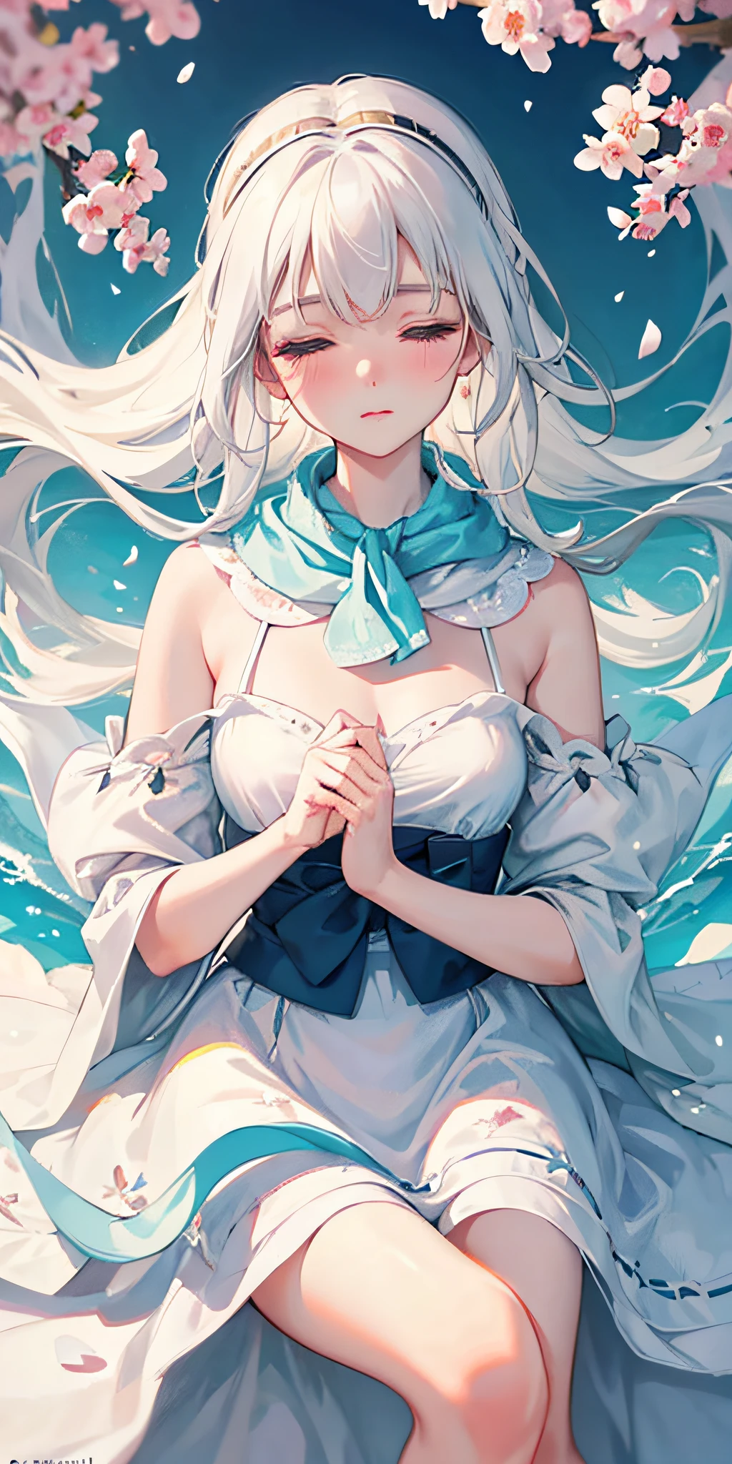 Masterpiece, Best quality,, (Bambicano,Light blue gloves), Solo, face to the viewer, view the viewer,delicate leg, deer ear, deer antlers, hair between eye, with short white hair, Tawny eyes, face round, Blush, A little sad,, patterned scarf, White dress, Light blue bow on chest, Medium breasts,, Sakura blossoms, wind flow, Floating petals, hanami, Outdoors, Portrait of a beautiful white-haired woman, Fine Art - Art Photography, Soft portrait shot 8 K, Medium length, ultrarealistic uhd faces, unsplash, Kodak Ultra Max 800, 85 mm, Intricate, Casual pose, Centered symmetrical composition, stunning photo, Masterpiece, Grainy, centered composition : 2 | blender, croped, low res, poorlydrawnface, out of frame, Poorly drawn hands, Blurry, bad art, Blurred, text, watermarked, disfigured, Deformed, Half-closed eyes