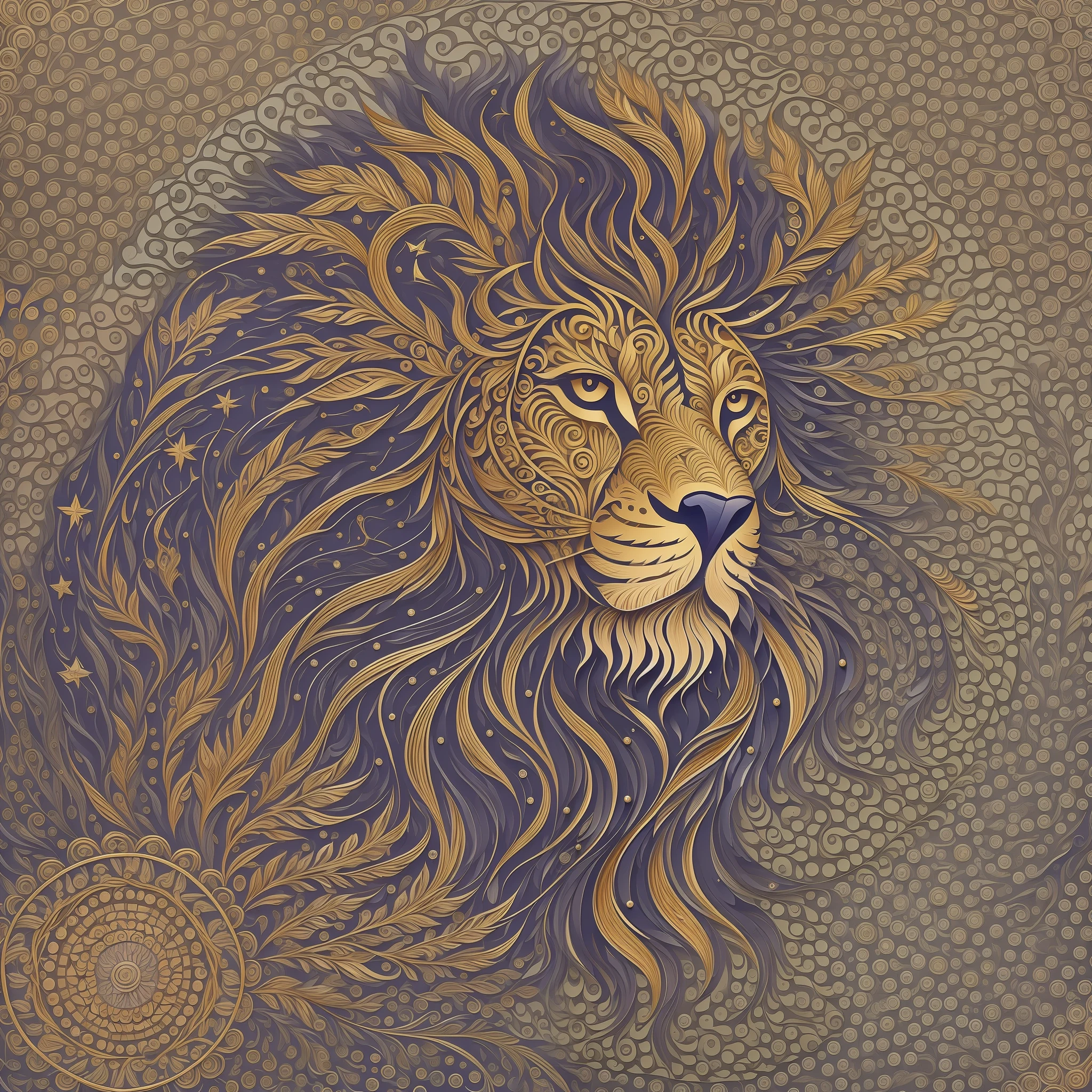 Graphic illustration，Tall goddess，Magical golden lion constellation chart，Take the scepter，（zentangle，mandalas，Tangles，entangled），holy rays，tmasterpiece， super detailing， Epic composition， hyper HD， high qulity， extremely detaile，