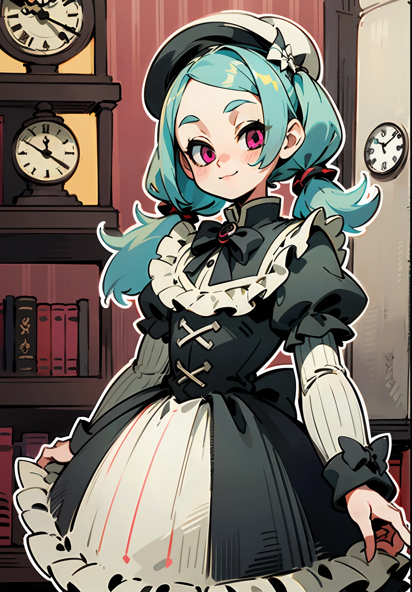 ((Dynamic Angle)), ((loli)), (child), ((独奏)), (canny smile), (turquoise hair), (ponytails),(long hair),  (pink eyes), ((French beret)), (((smoth))), (Gothic dress), (Lolita Dress), (vintage dress), (Black Dress), (frilld), (beige frill;), (Bows), ((Dark red details)), (((Vertical stripes))), ((Clock face in the background)), (library), ((thick outlines)), ((white outlines))