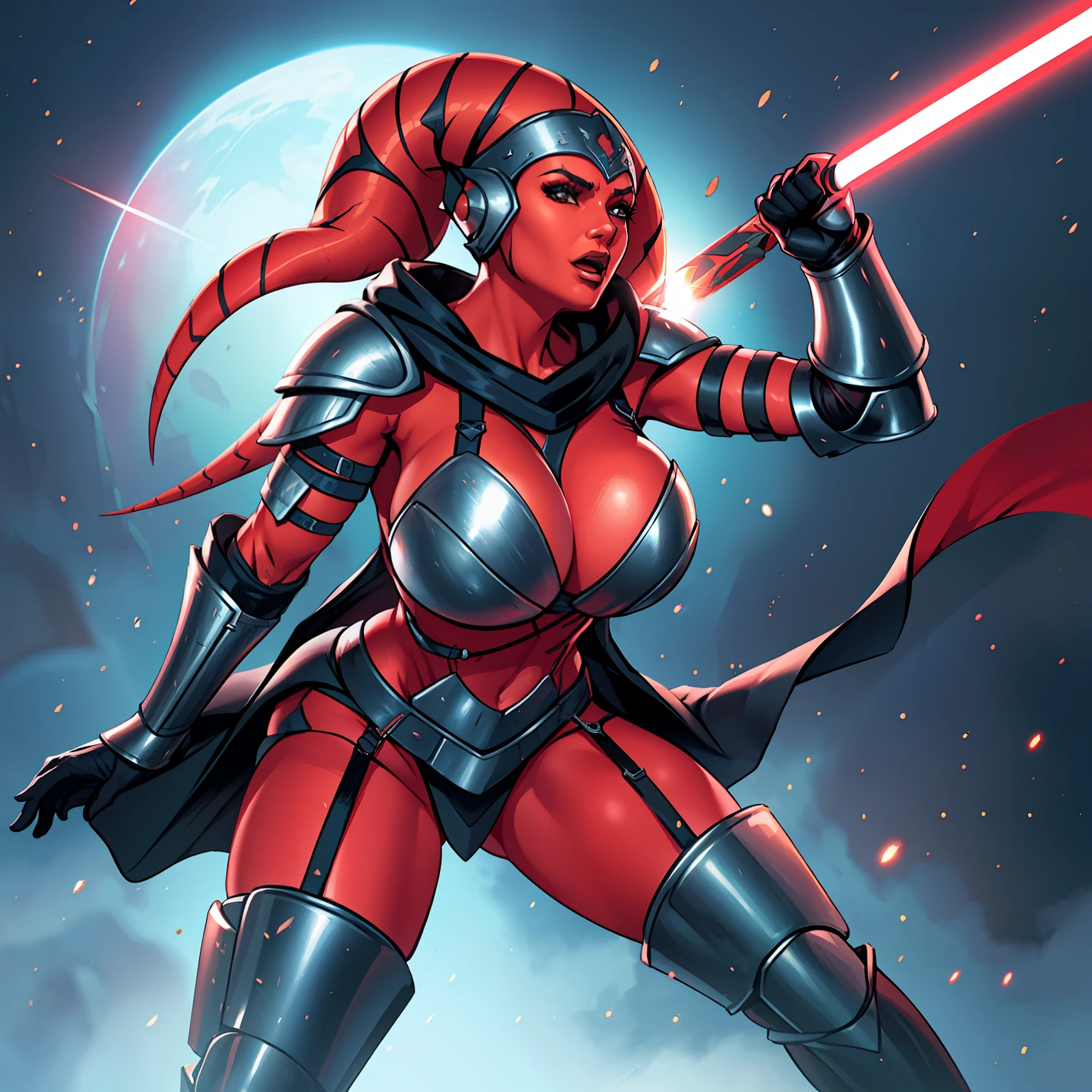1girl, action scene, fighting, masterpiece, best quality, high-definition, armor, busty, ((red skin), twi'lek), dual red lightsabers, evil space knight, space ninja, (wearing black robes, black stealth armor, breastplate, tunic, tabard, cowl, cloak, body glove, straps, buckles, skirts, long sleeves, fantasy, ((armor))), ((busty), slender body, thin, slim sexy body, slim waist, ((gigantic breasts))), Imperial starship, Star Wars,