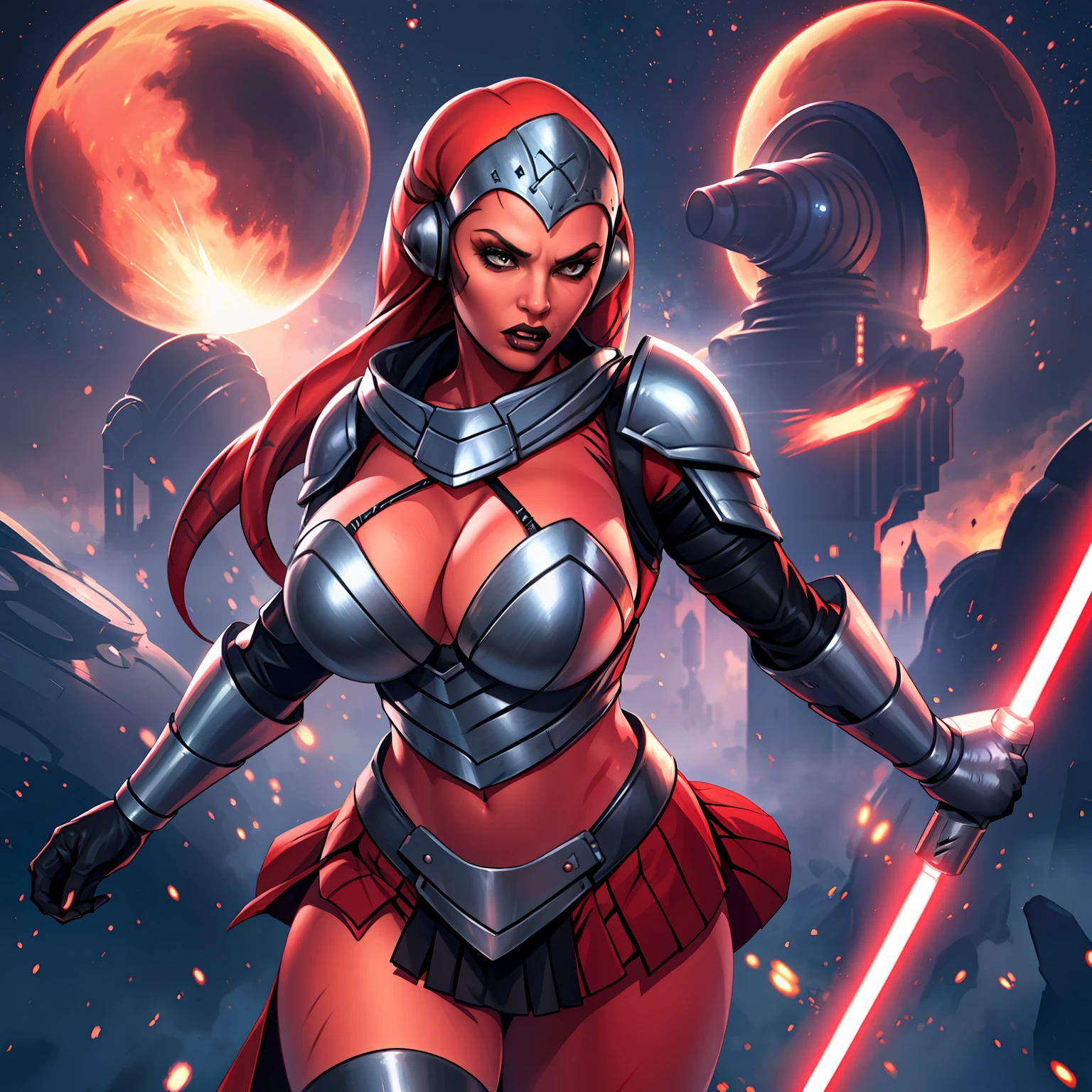 1girl, action scene, fighting, masterpiece, best quality, high-definition, armor, busty, ((red skin), twi'lek), dual red lightsabers, evil space knight, space ninja, (wearing black robes, black stealth armor, breastplate, tunic, tabard, cowl, cloak, body glove, straps, buckles, skirts, long sleeves, fantasy, ((armor))), ((busty), slender body, thin, slim sexy body, slim waist, ((gigantic breasts))), Imperial starship, Star Wars,