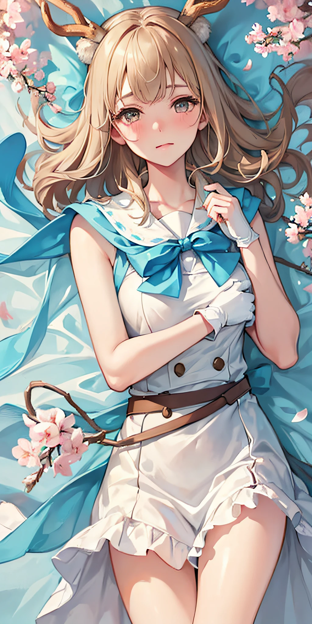 Masterpiece, Best quality,, (Bambicano,Light blue gloves), Solo, face to the viewer, view the viewer,delicate leg, deer ear, deer antlers, hair between eye, Short yellow-brown hair, Tawny eyes, face round, Blush, A little sad,, patterned scarf, White dress, Khaki bow on chest, Medium breasts,, Sakura blossoms, wind flow, Floating petals, hanami, Outdoors, Portrait of a beautiful blonde woman, Fine Art - Art Photography, Soft portrait shot 8 K, Medium length, ultrarealistic uhd faces, unsplash, Kodak Ultra Max 800, 85 mm, Intricate, Casual pose, Centered symmetrical composition, stunning photo, Masterpiece, Grainy, centered composition : 2 | blender, croped, low res, poorlydrawnface, out of frame, Poorly drawn hands, Blurry, bad art, Blurred, text,