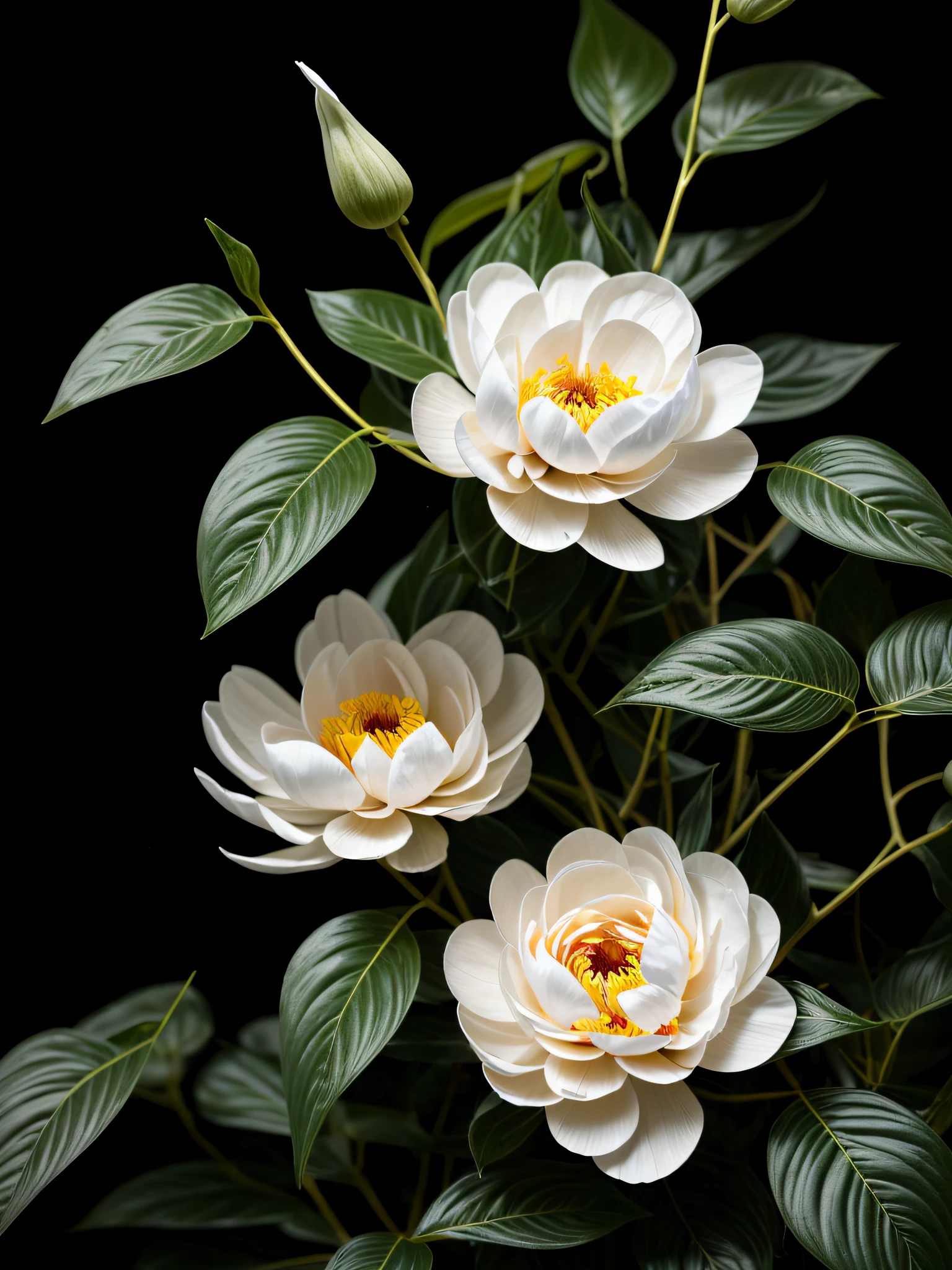 Flowering briefly on dark green leaves，Its petals are white and delicate，Soft as silk。（White Peony 1.5）Moonlight casts down，Illuminates the ephemeral，It makes it shine even more against the background of green leaves,Create soft spots，Emphasize the beauty of the flowers,From the point of view，Short soft flowers and delicate petal texture，（Background Night House 1.3）,Many ephemeral flowers grow on the branches，Cinematic texture，beautiful flowers growing，beautiful aesthetic，Incredibly beautiful，Soft glow，beautiful  flowers，flowers in full bloom，huge flower，