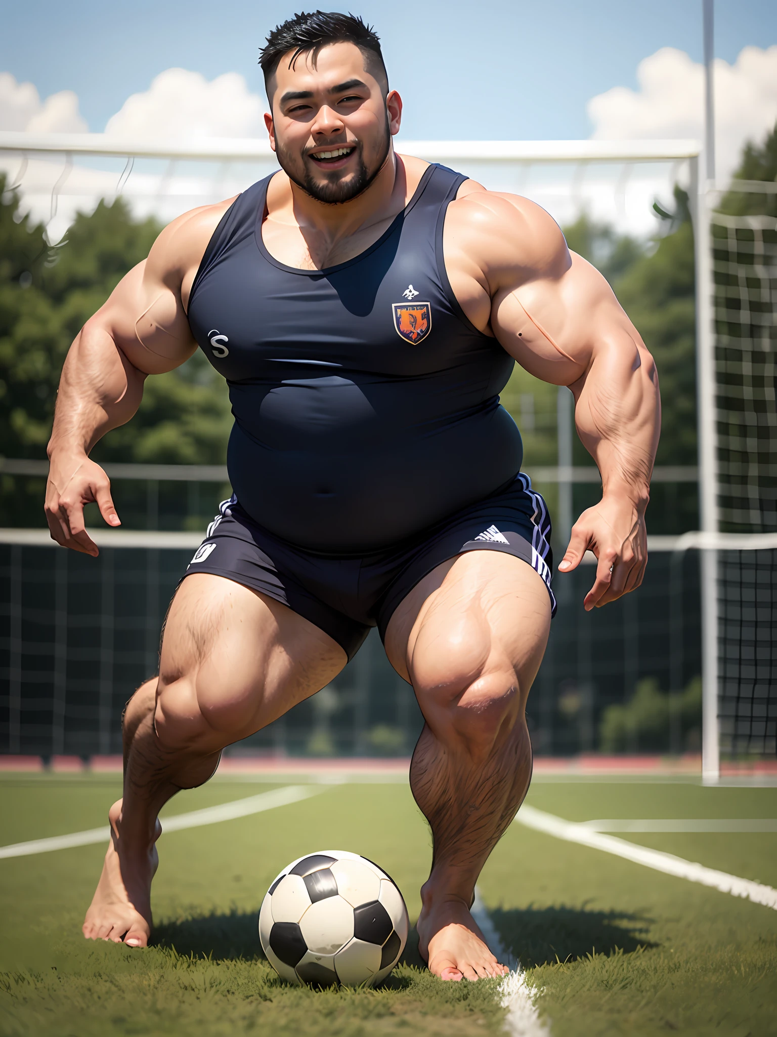 soccer court，play soccer，chineseidol，red tank top，ssmile，Asian muscular chubby man，Fat，Strong，Jayrent，skinhead，Feet，soccer ball，Sports ，full bodyesbian，Sunny，grassy fields，big feet