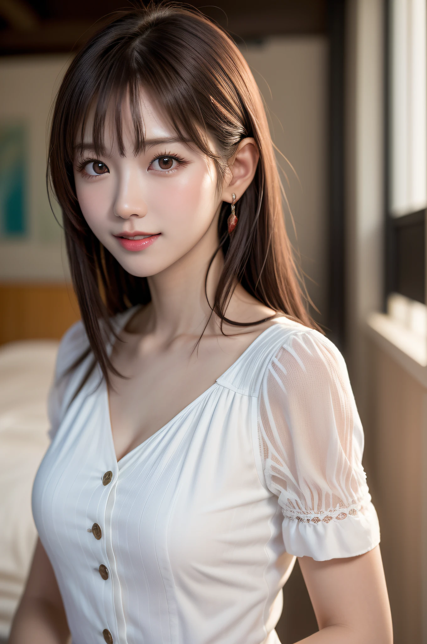 White see-through blouse,Face Interview, (Photo Real:1.4), (hyper realisitic:1.4), (realisitic:1.3), (Smooth lighting:1.05), (Improve video lighting quality:0.9), 1womanl, a 20 yo woman, Realistic lighting, Back lighting, Facial light, raytrace, (cheerfulness:1.2), (Improved image quality:1.4), (Finest Real Textured Skins), finely eye, a small face, Red cheeks, skinny body, medium-breasted pointed jaws,,,, Korean Idol, Nogizaka Idol, glowy skin, hposing Gravure Idol, P, Blunt bangs, light brown hair, hair behind ear, hair over shoulder, Long hair,Tear bag,Summer plateau、