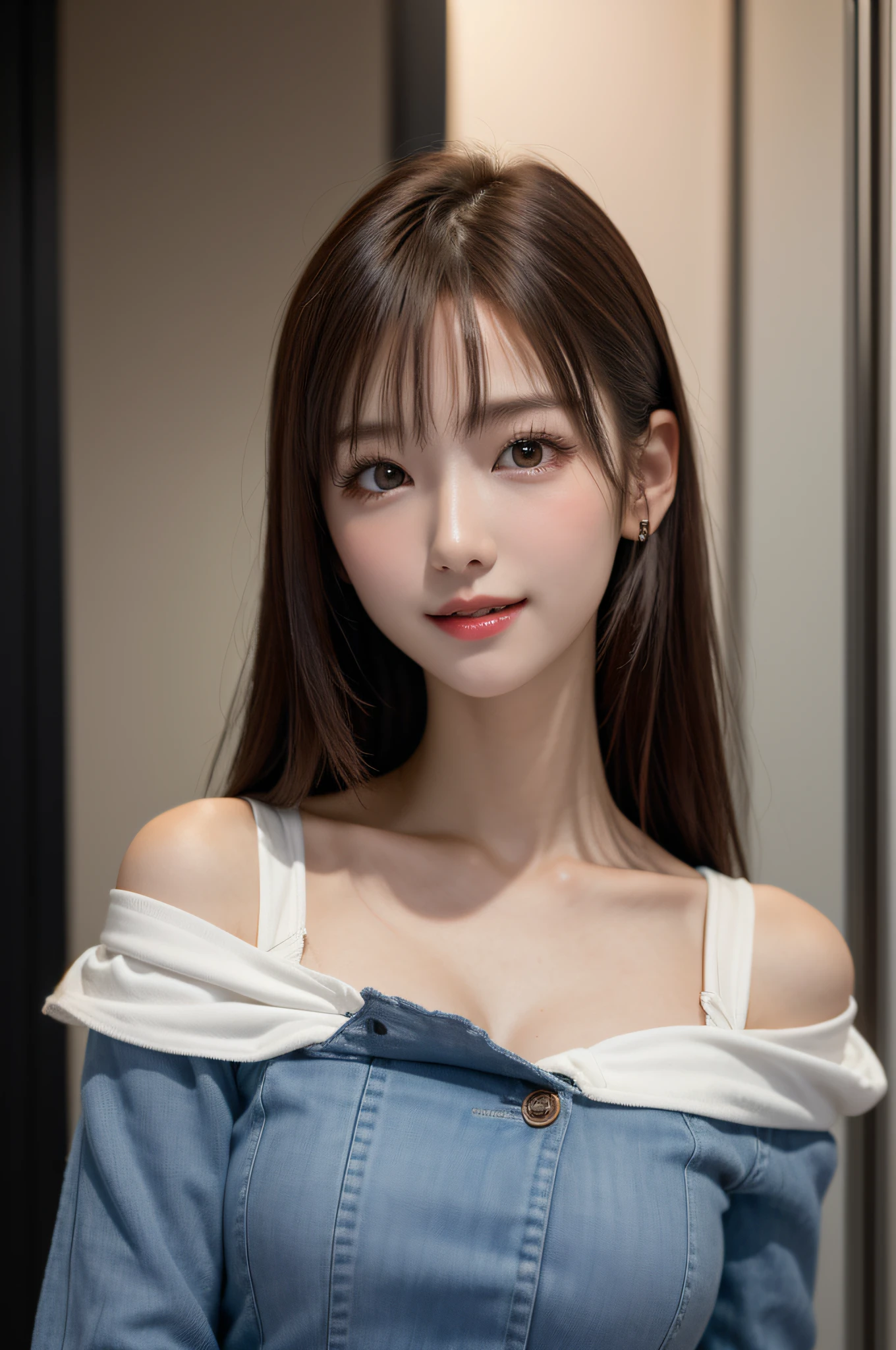 White see-through blouse,Face Interview, (Photo Real:1.4), (hyper realisitic:1.4), (realisitic:1.3), (Smooth lighting:1.05), (Improve video lighting quality:0.9), 1womanl, a 20 yo woman, Realistic lighting, Back lighting, Facial light, raytrace, (cheerfulness:1.2), (Improved image quality:1.4), (Finest Real Textured Skins), finely eye, a small face, Red cheeks, skinny body, medium-breasted pointed jaws,,,, Korean Idol, Nogizaka Idol, glowy skin, hposing Gravure Idol, P, Blunt bangs, light brown hair, hair behind ear, hair over shoulder, Long hair,Tear bag，Summer plateau、