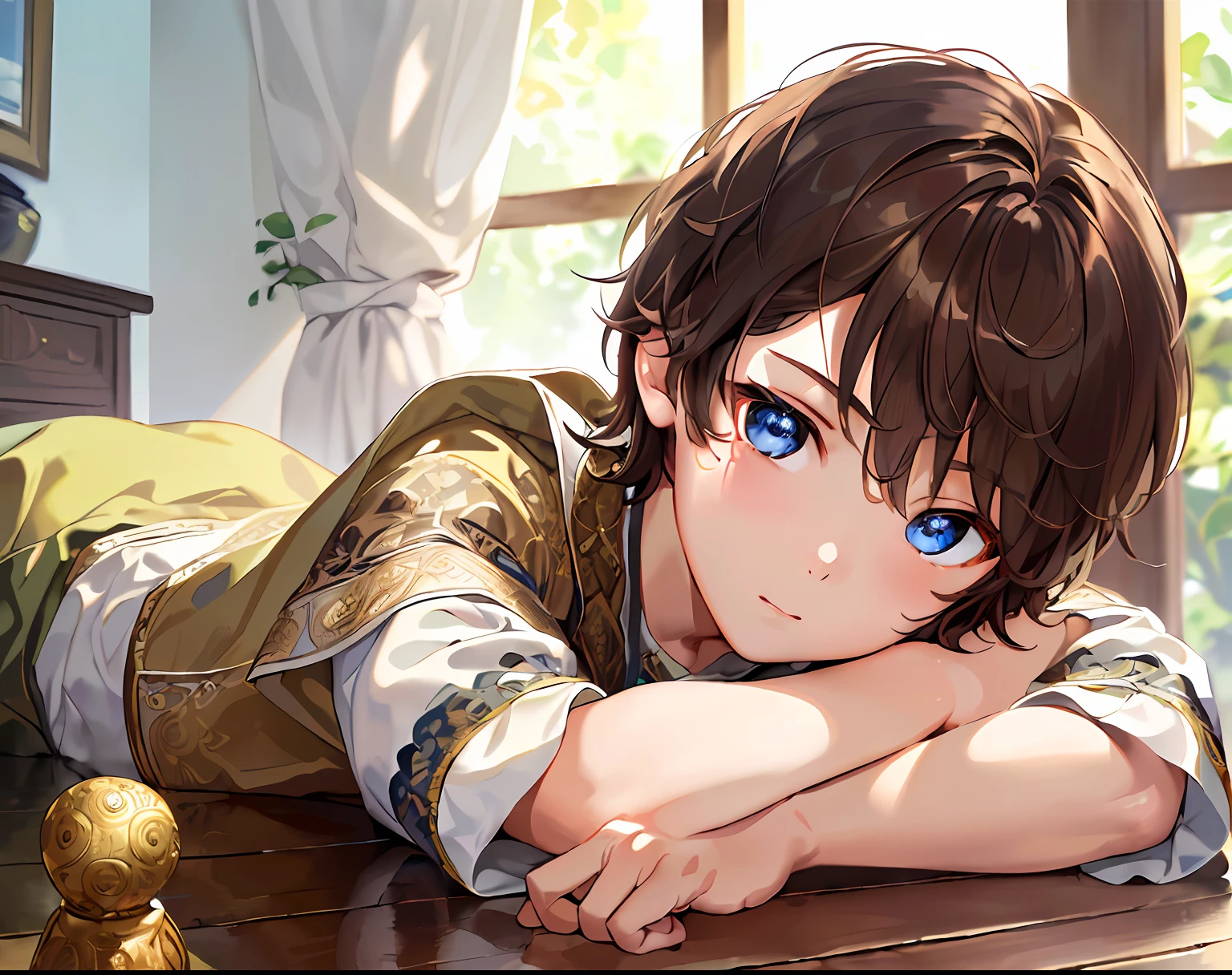 (masterpiece、top-quality、extremely details CG、beatiful detailed eyes、ultra-detailliert、intricate-detail:1.2)、8k wallpaper、Brown hair、Photorealsitic、(((1boy)))、Eau、sunlights、male child