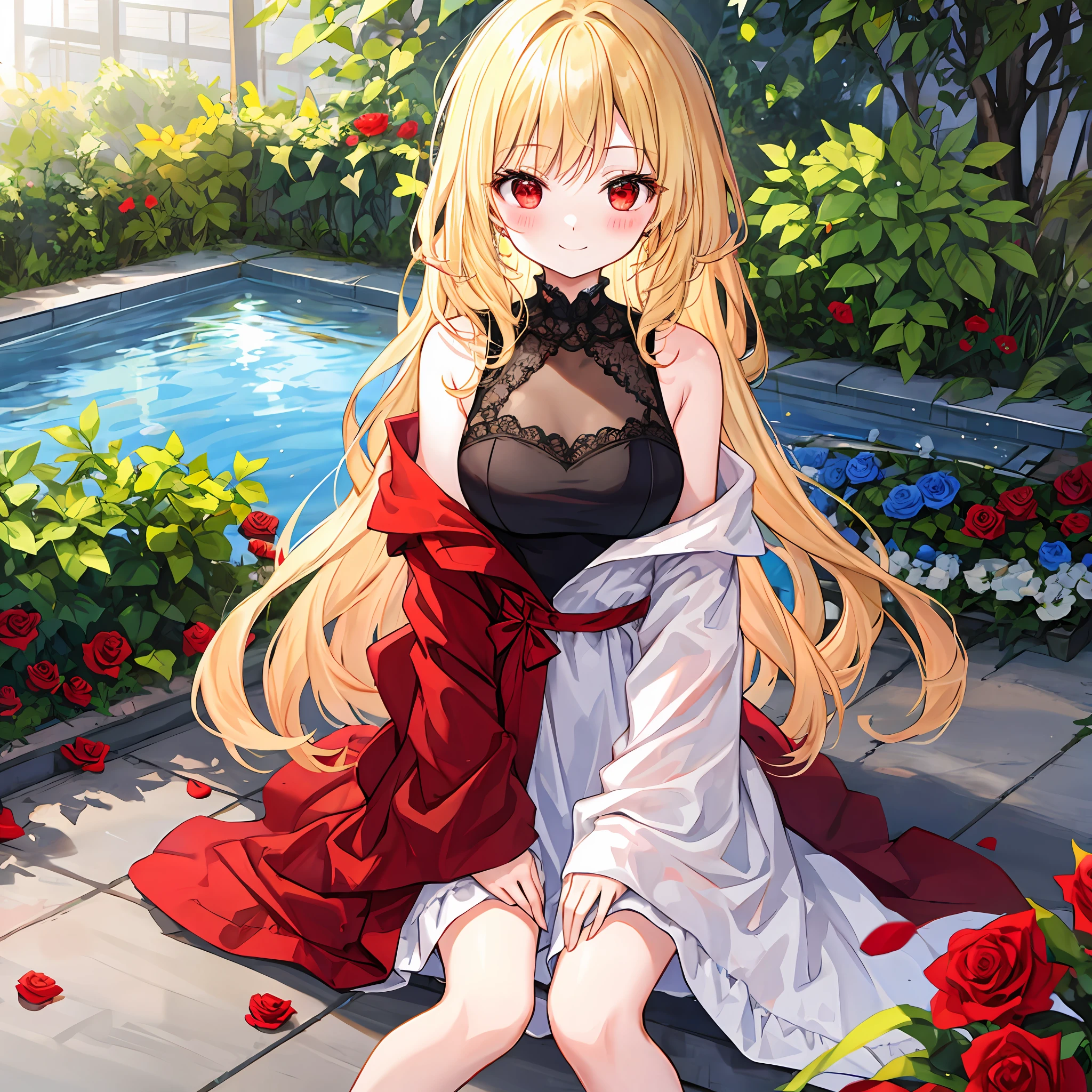 Wavy blonde girl、red eyes、独奏、red blush、robe blanche、off shoulders、rose garden、sitting on、lonely、a little bit smile