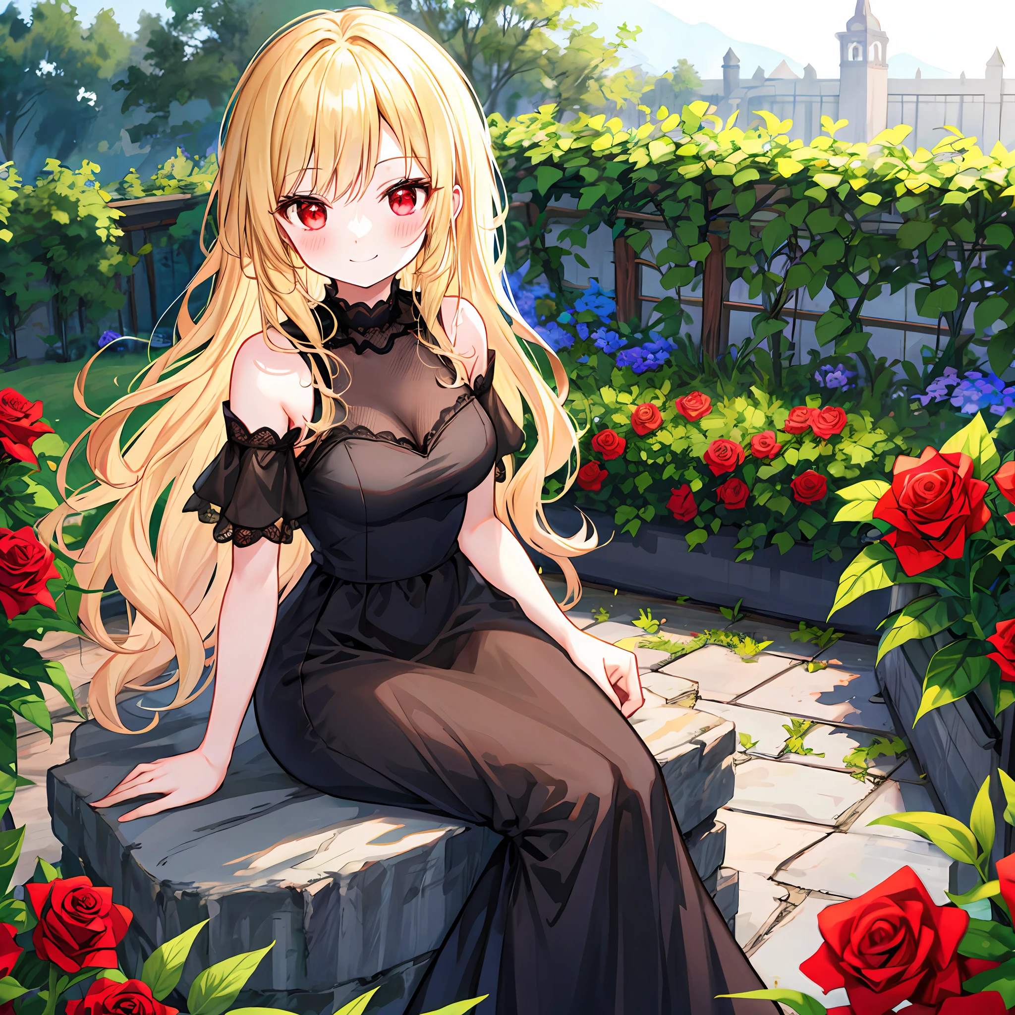 Wavy blonde girl、red eyes、独奏、red blush、Black Dress、off shoulders、rose garden、sitting on、lonely、a little bit smile