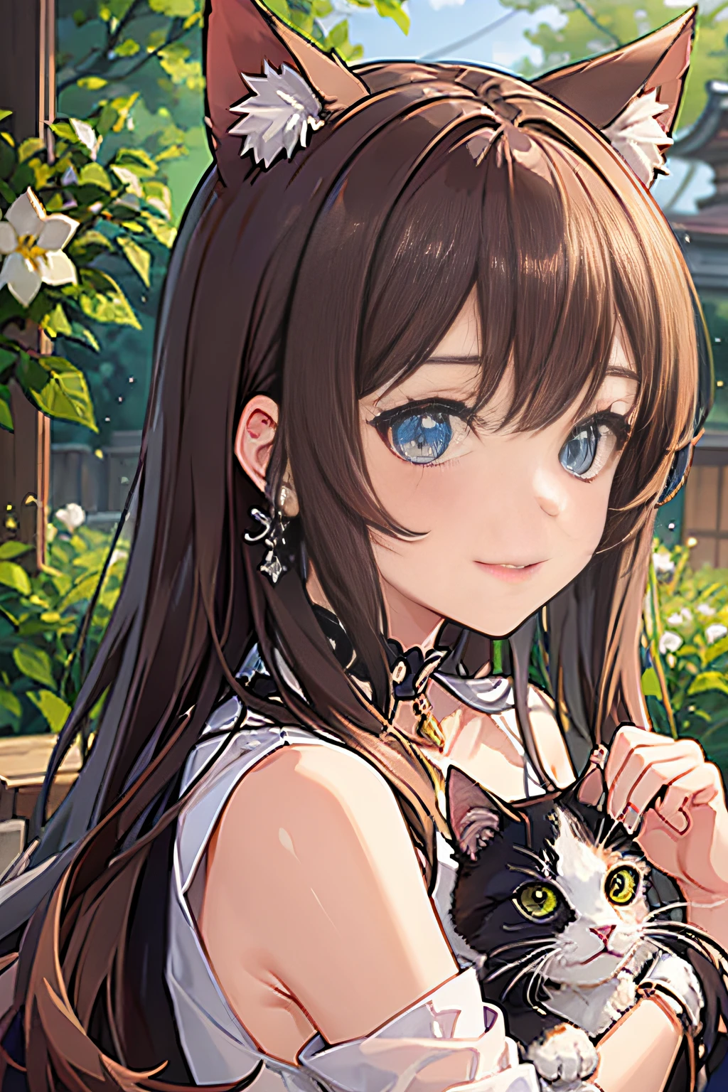 Beautiful Japan idol girl, gently holding a cat on her chest, brown and burgundy two-tone hair, smiling mischievously with sparkly eyes, cute round face girl, looking back in the sunlit garden, bright cosplay outfit of mythical creature. Small cat ears, .8 life, beautiful hands, beautiful fingers, ultra-realistic full-body photos, masterpieces, with intricate details and vivid colors
