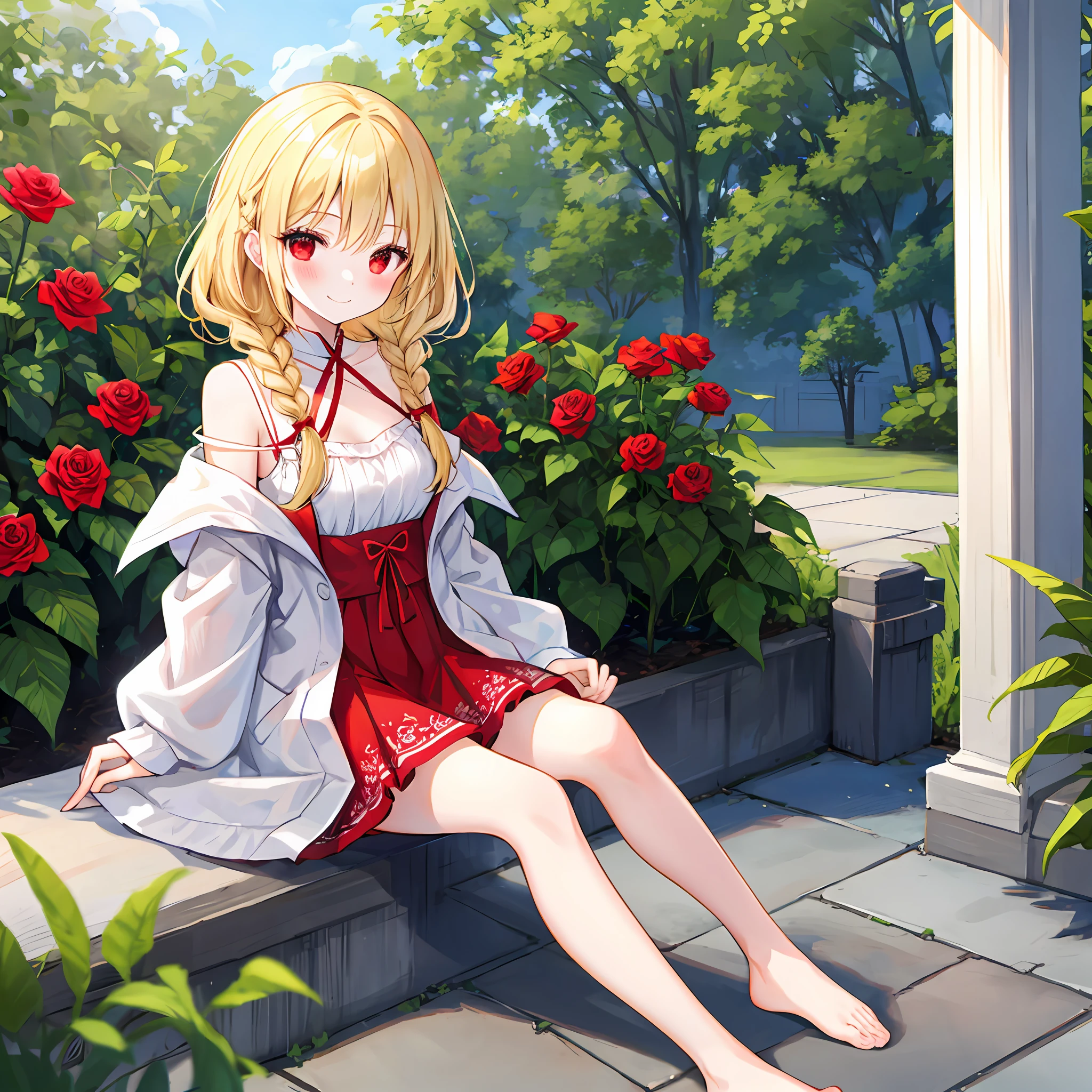 Wavy blonde girl、red eyes、独奏、red blush、robe blanche、off shoulders、rose garden、sitting on、Foot braids、lonely、a little bit smile
