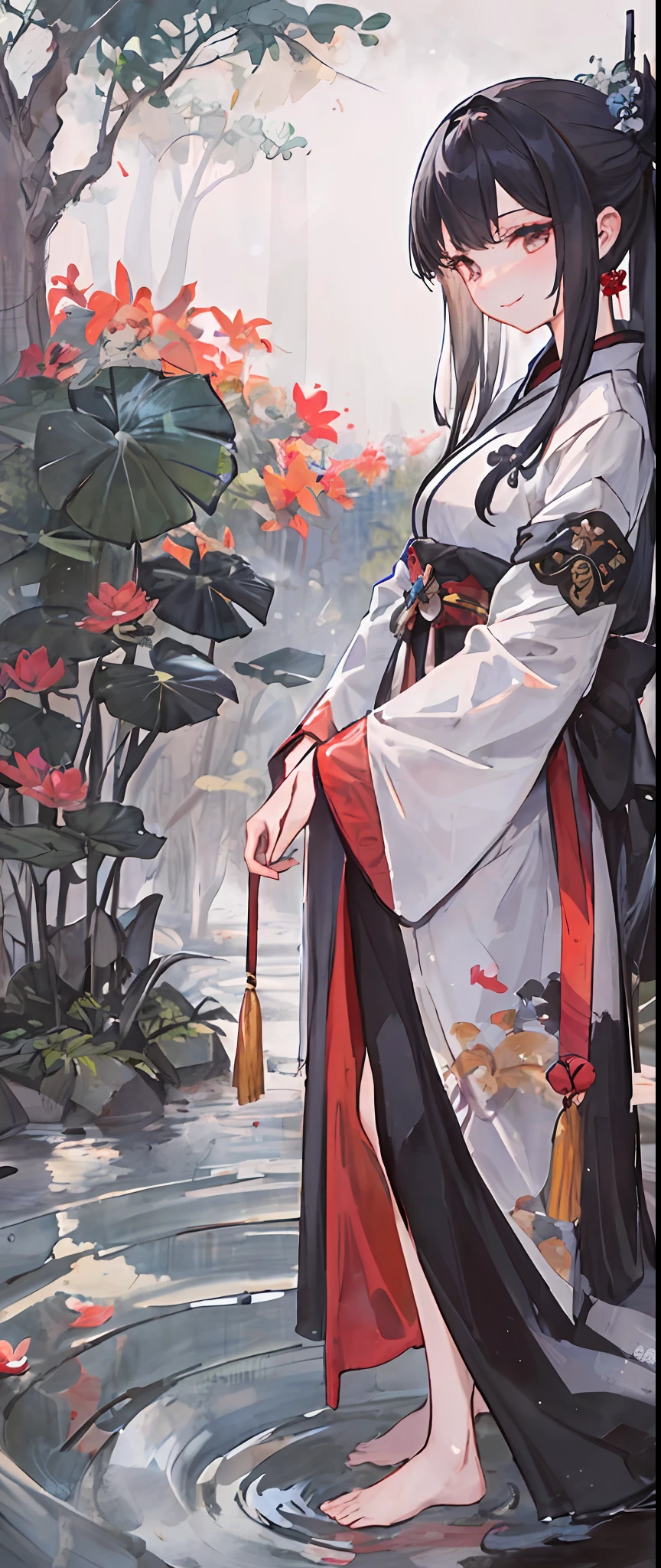 ((4k,masterpiece,best quality)), shuimobysim, traditional chinese ink painting, lotus, hanfu, maxiskit, dress conservatively 1girl, solo, long blue hair, smile, standing, feet in the water, barefoot,