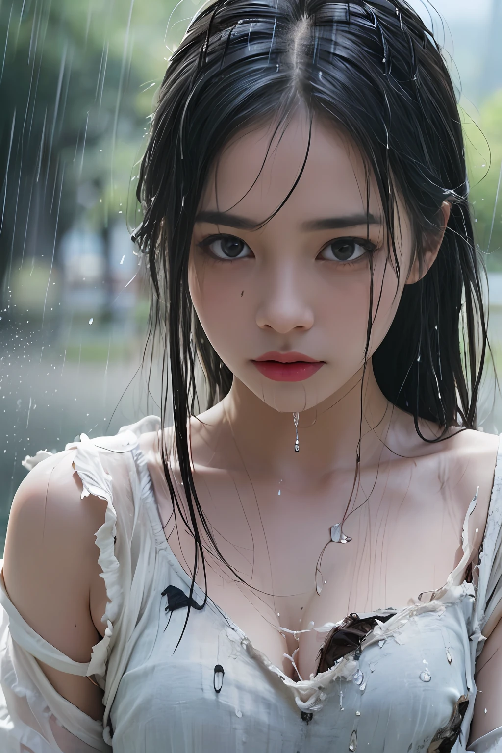 Best picture quality, masterpiece, ultra high resolution, (fidelity :1.4), photo, 1 girl,[(sadness)],white shirt, Dim, dark, desperate, pitying, pitiful, cinematic,tear,teardrop,(Torn clothes:1.5), (Wet clothes:1.4), bare shoulders,Real rain,wet hair,.. --auto --s2