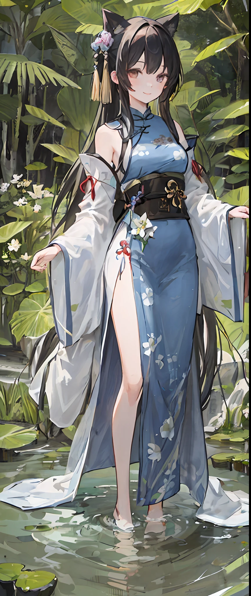 ((4k,masterpiece,best quality)), shuimobysim, traditional chinese ink painting, lotus, hanfu, maxiskit, dress conservatively 1girl, solo, long blue hair, smile, standing, feet in the water, barefoot,