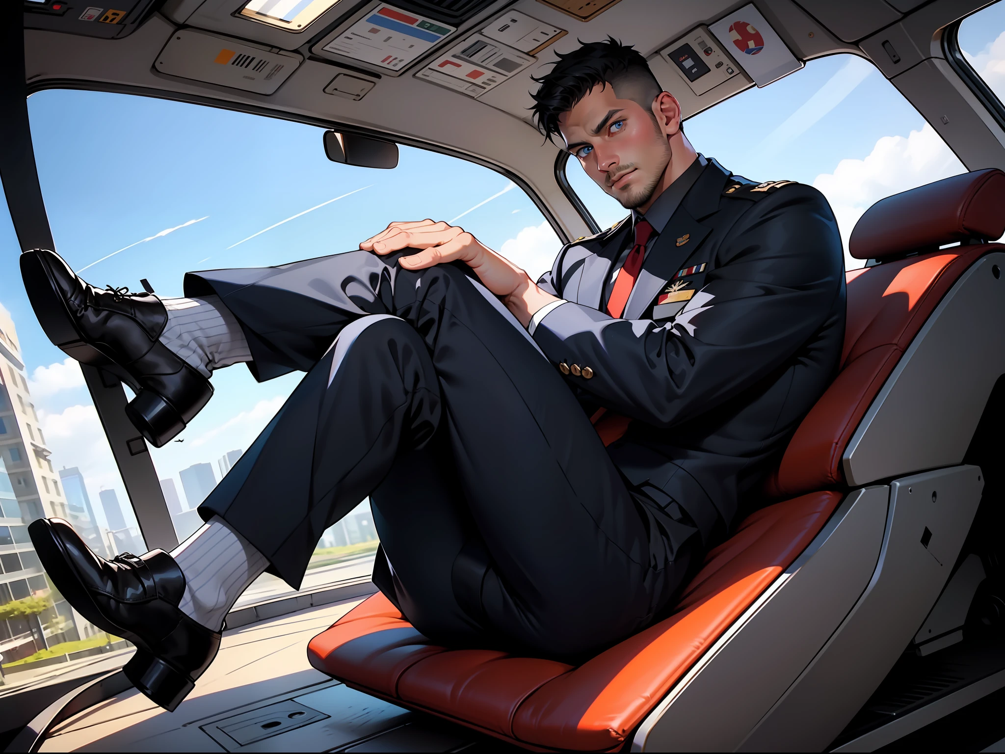 masterpiece, best quality, face, natural eyes, 1man, big feet, black socks, full body, (in suits), large bulge, long legs, looking at viewer, 30 years old, muscled and mature, pilot, pilot in uniform, reclining, short haircut, a pilot sitting with legs stretched, blue eyes,