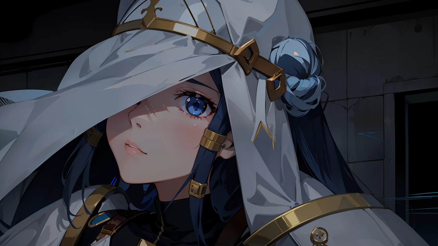 Arrow is a young woman with long dark-blue hair kept in a small bun with light coloured clips in her bangs that frame her face, and up or down-pointing arrows as her iris in each dark blue eye. She dons the uniform of the White-Clad; a white burqa-like mask, a white cape with shoulder-guards, a jumper with a red cross-insignia on it, white gloves and white trousers. Underneath her concealing clothing, Arrow has a curvy figure with large breasts and heavy thighs. Following her duel with Takehisa Hinawa, she has a scar across her face, which runs horizontally, just above the bridge of her nose.