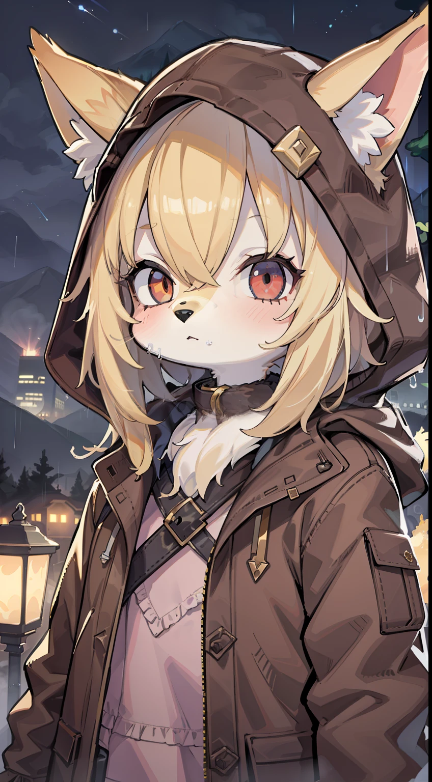 Fox Boy,hairy pubic,shaggy,Skin fur,Golden fur,Golden yellow face fur,Short straight blonde hair,Eyes have light,Red eyes,Super cute face,Brown elements on fur,Brown hooded coat,Beautiful lights and shadows,Ambient light,Ultra-fine fur,volumettic light,Night,natural lightting,Fluffy tail,Brown hood up,Night,starrysky,Vast landscape,rainy outside,Rained,Rained,raining mood,wash off in the rain,crossed bangs, Hairline, Shiny hair, lone nape hair, ,Dilated pupils,Sleepy,dark circles,(moon full:1.2),(meteors:0.9),(Starcloud:1.3),Far Mountain,Tree BREAK Production Art,(Warm light source:1.2),(glowworm:1.2),lamp lights, Purple and orange,Complicated details,Volumetriclighting,Realist breakthrough(tmasterpiece:1.2)(best qualtiy),4K,Ultra-delicate,(Dynamic configuration:1.4),Highly detailed and colorful details,(Irridescent color:1.2),(luminouslighting,Atmospheric lighting),dream magical,magic,(独奏:1.2)
