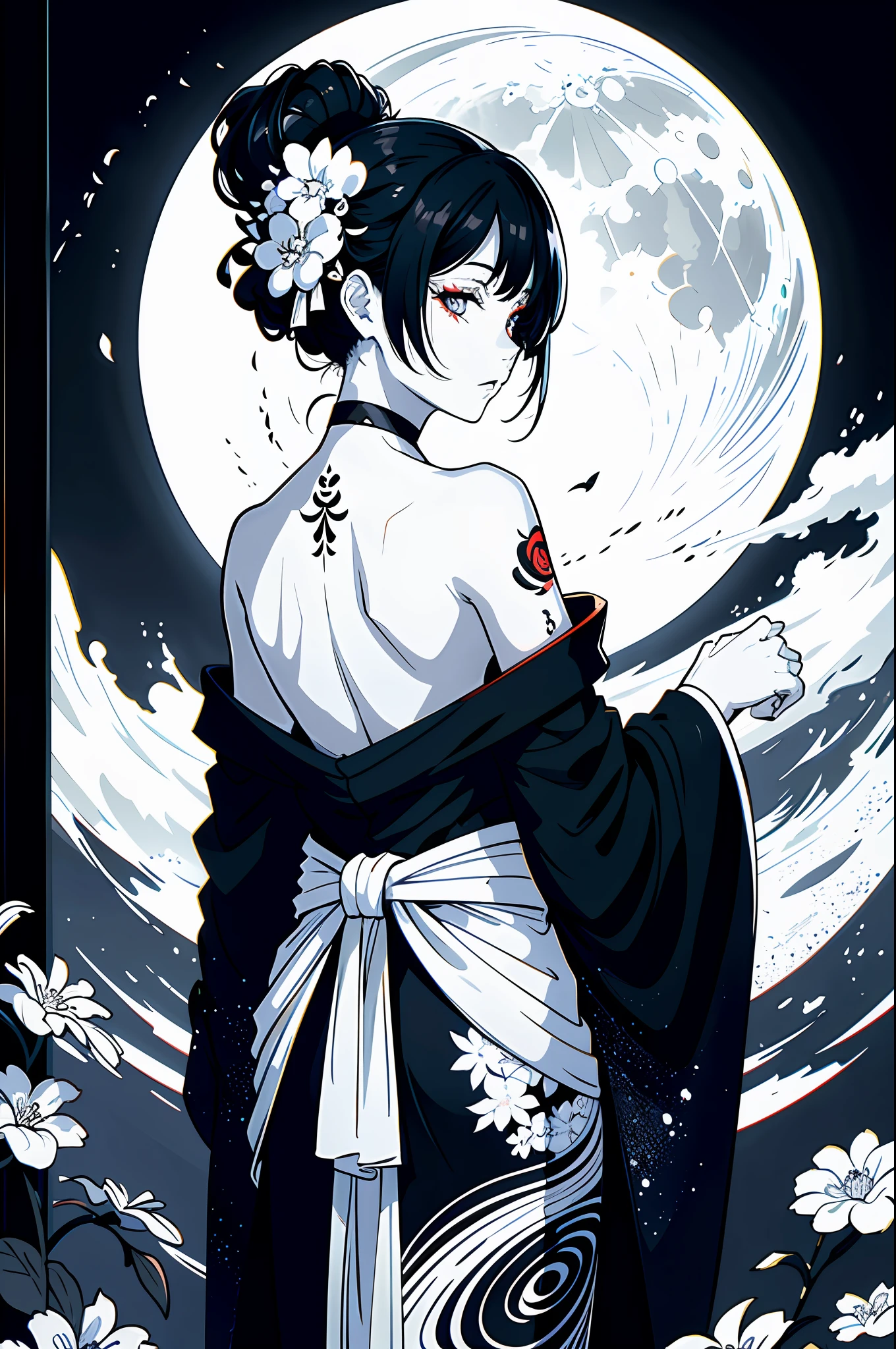 (masterpiece:1,2), best quality, masterpiece, highres, original, extremely detailed wallpaper, perfect lighting,geisha, kimono,Bare shoulder,back,Turn back,tattoo,(((Black and white))),Extreme detail,solo,Cold eyes,look up,Glowing eyes,byobu,moon,Black hair,petal,