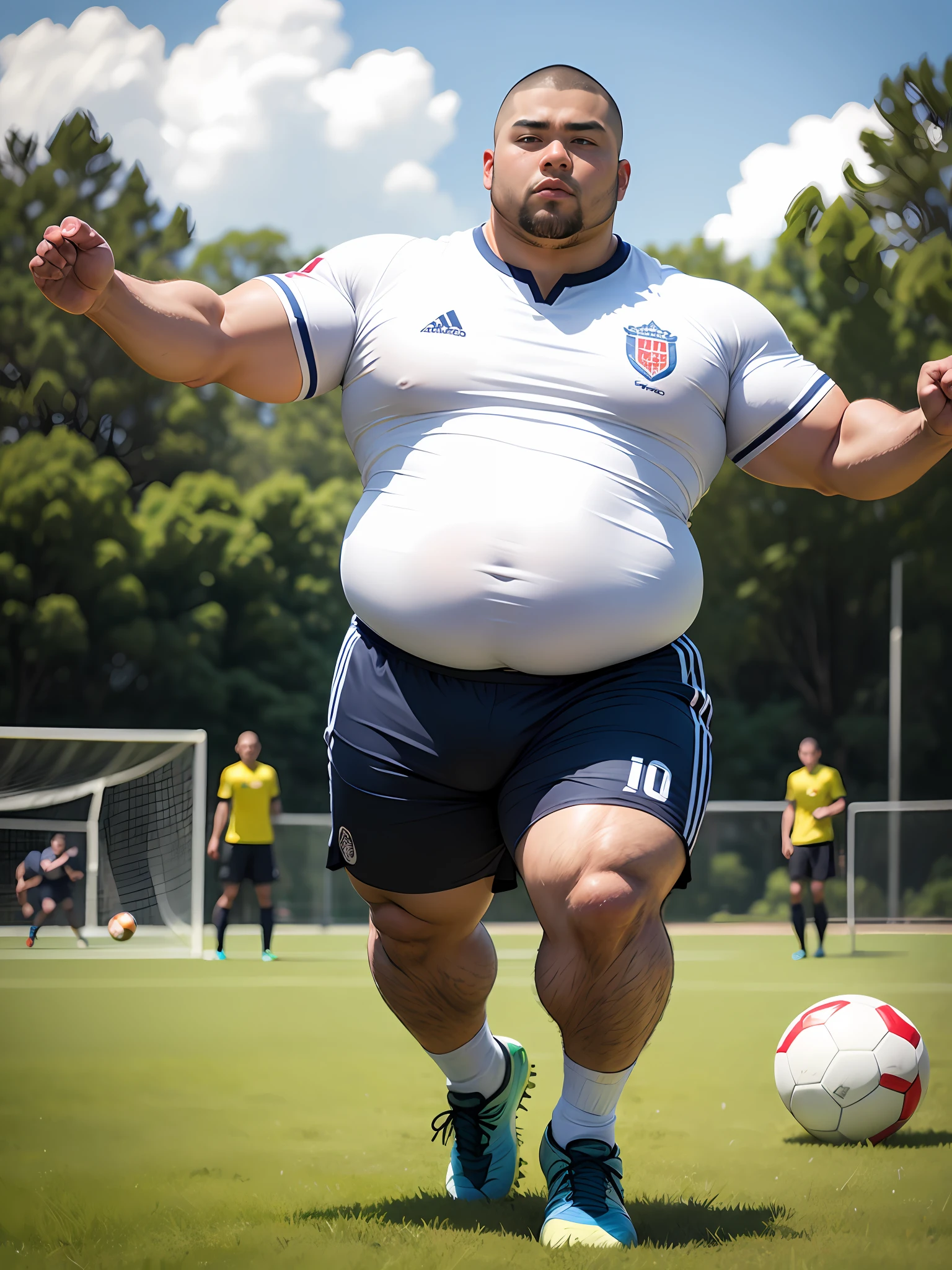 soccer court,play soccer,chineseidol,white clothes,Asian muscular chubby man,Fat,Strong,Jayrent,skinhead,Feet,soccer ball,Sports ,full bodyesbian,Sunny,grassy fields,big feet