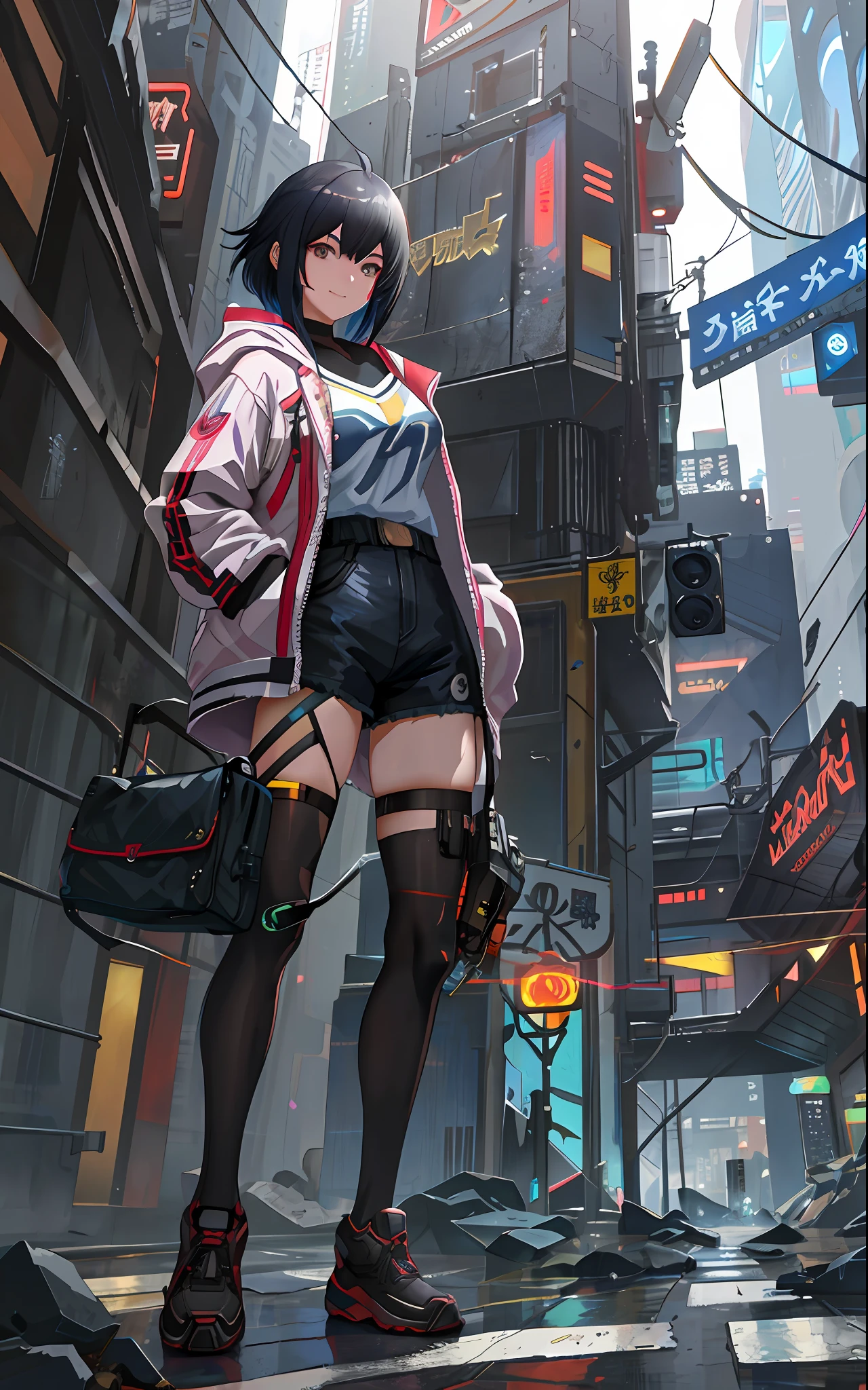 anime girl in short shorts and jacket standing, artwork in the style of guweiz, cyberpunk anime girl, trending on cgstation, guweiz, by Russell Dongjun Lu, digital cyberpunk anime art, guweiz on artstation pixiv, ross tran 8 k, tall 5,6 feets, model, model figure, beautiful, smile, put both hands in the coat pocket