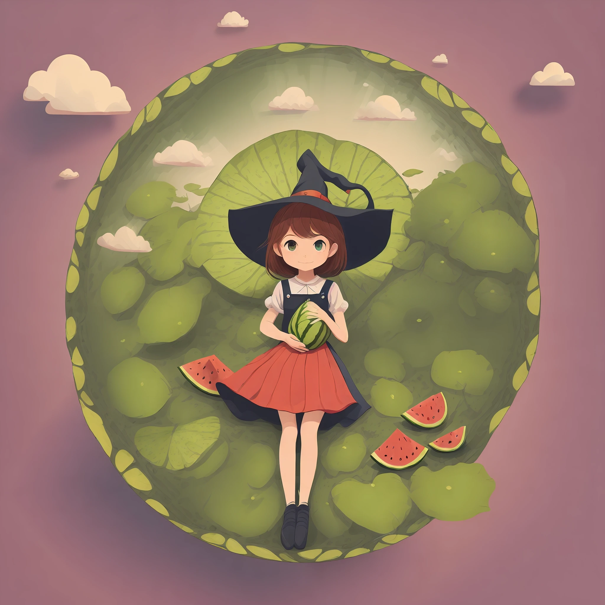 little witch girl，Big watermelon，frogs，Lotus，Huge lotus leaf，​​clouds，Probe posture，Graphic illustration，geometric shapes