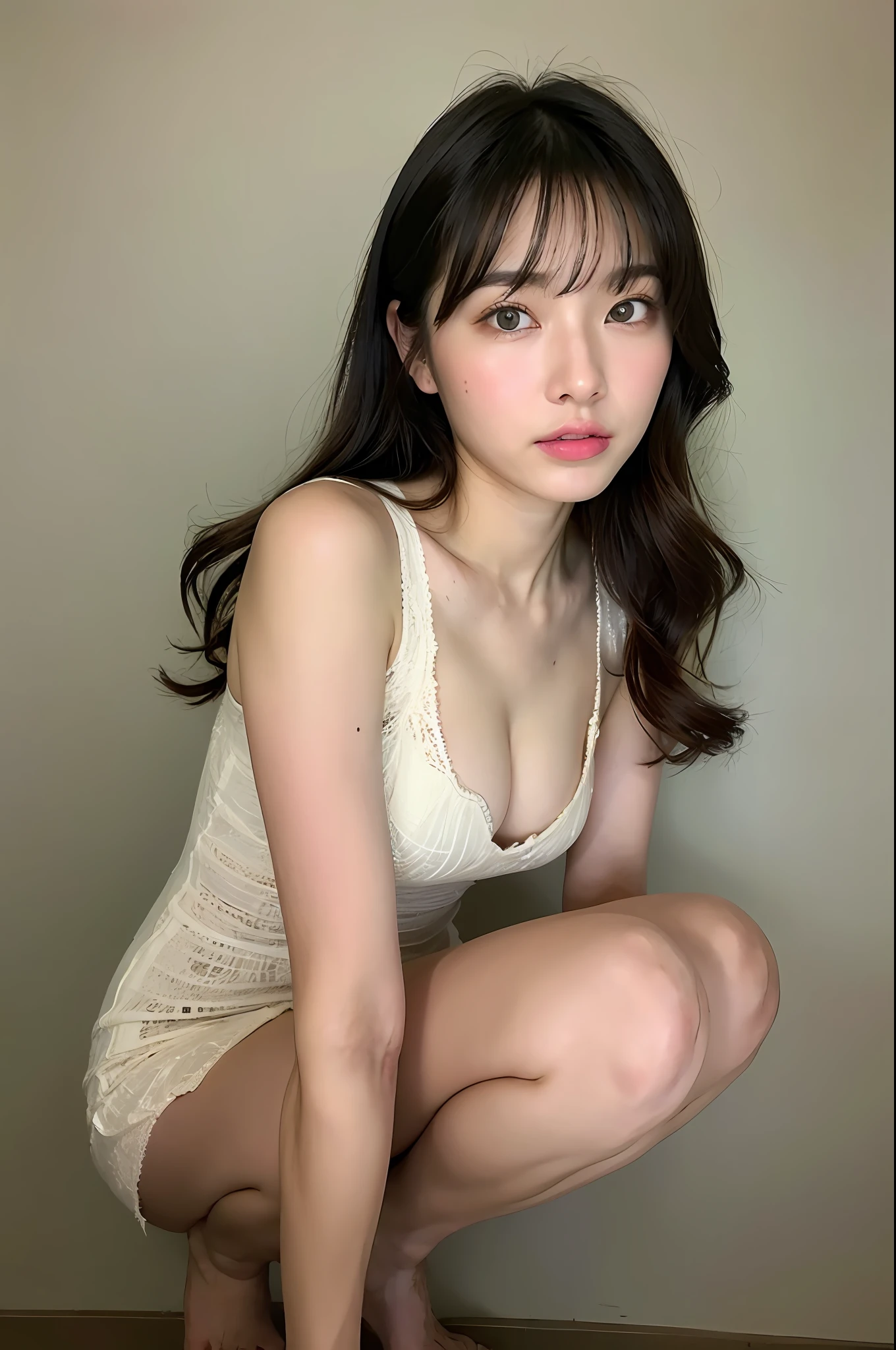 (16 K, Raw photo, Best Quality, hight resolution, absurderes), high-definition RAW color photography, professional photograpy, Papercut, (layered silhouettes:1.2), Complex pattern, delicate craftsmanship, shadow play, depth and dimension, Creative expression, (Realistic, Photorealsitic:1.37), (1 girl, japanaese girl), Toned, Cinematic Light, bloom, blazing, (finerly detailed face:1.2), (masutepiece:1.5), ((Best Quality, 8K, masutepiece: 1.3)), sharp: 1.2, Perfect Body Beauty: 1.4, Slender Abs: 1.2, ((Layered hairstyle, Big breasts: 1.2)), (Bando Dress White: 1.1 ), the city street: 1.2, Highly detailed facial and skin texture, Detailed eyes, Double eyelids, long brown hair, Thin dress, Hands behind, Squatting, A little revealing panties, revealing cleavage, pantiy