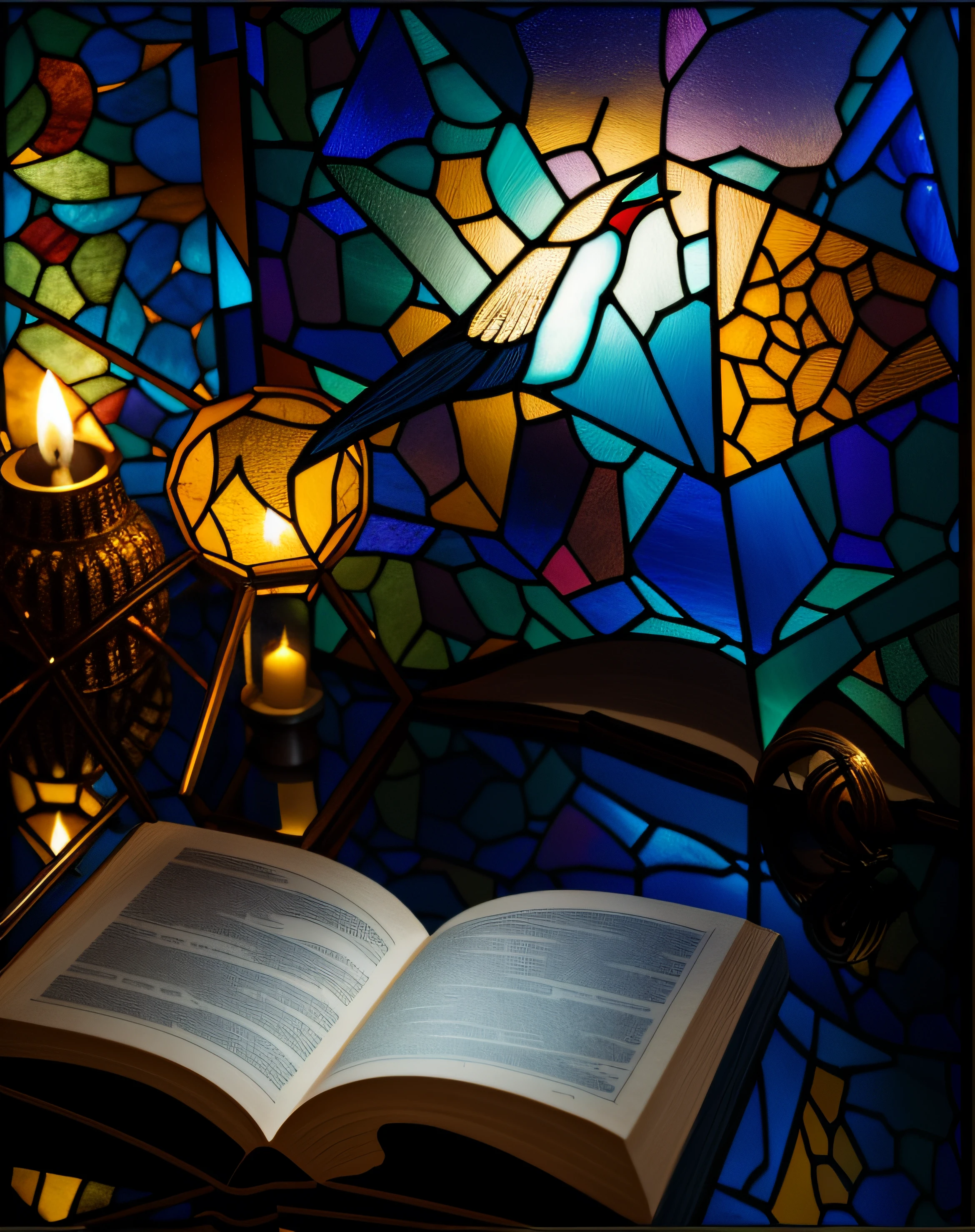stained glass, bird, open book, full moon, candle, Art Deco, Gothic art, reflection light, diffraction spikes, f/16, 85mm, masterpiece, high quality, 8k